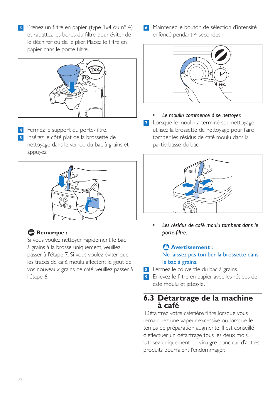 3 détartrage de la machine à café | Philips Grind & Brew Cafetière User Manual | Page 72 / 212