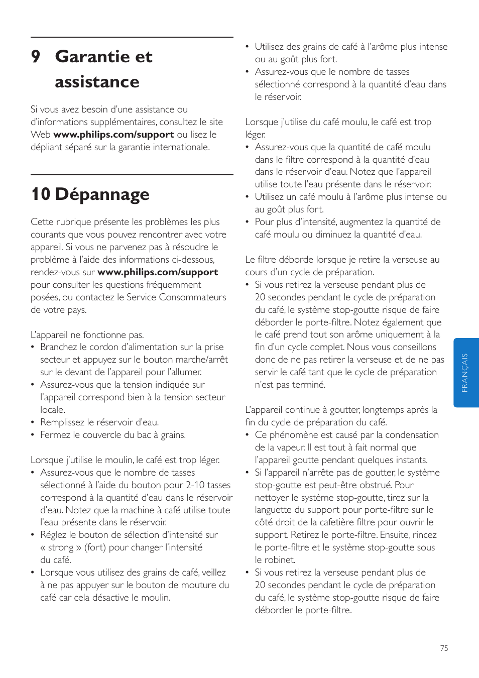 9 garantie et assistance, 10 dépannage | Philips Grind & Brew Cafetière User Manual | Page 75 / 212