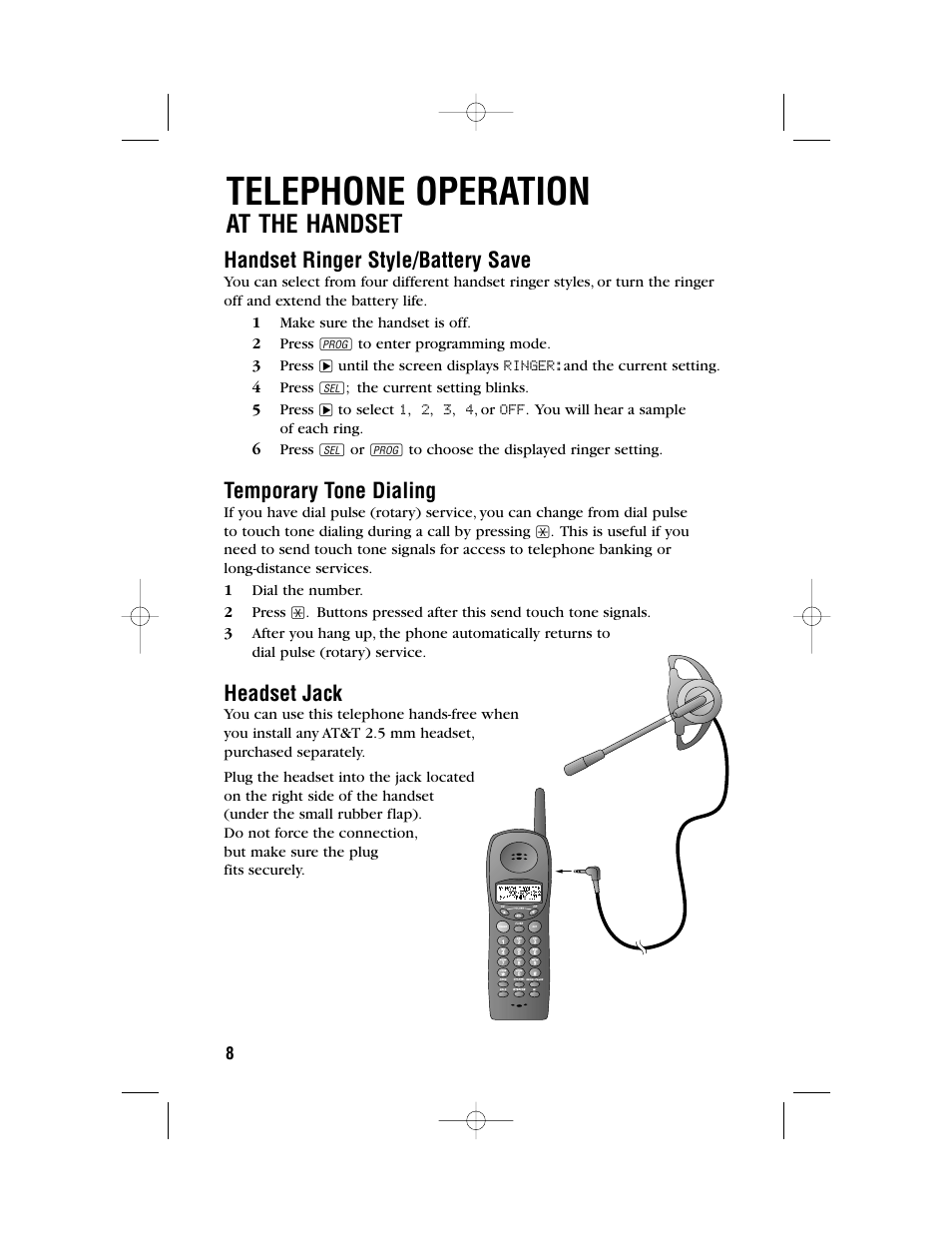 Telephone operation, At the handset, Handset ringer style/battery save | Temporary tone dialing, Headset jack | AT&T 9371 User Manual | Page 11 / 36