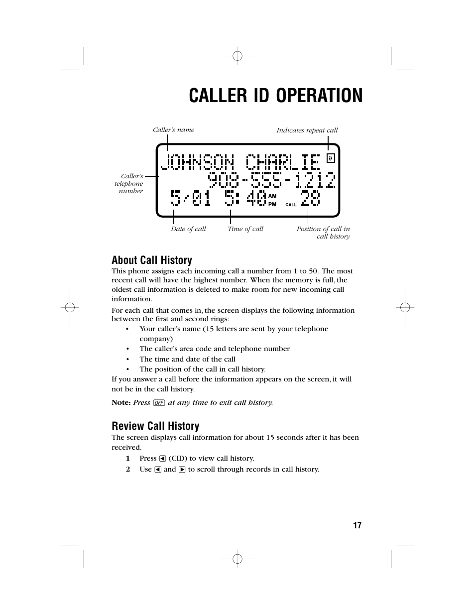 Caller id operation, About call history, Review call history | AT&T 9371 User Manual | Page 20 / 36