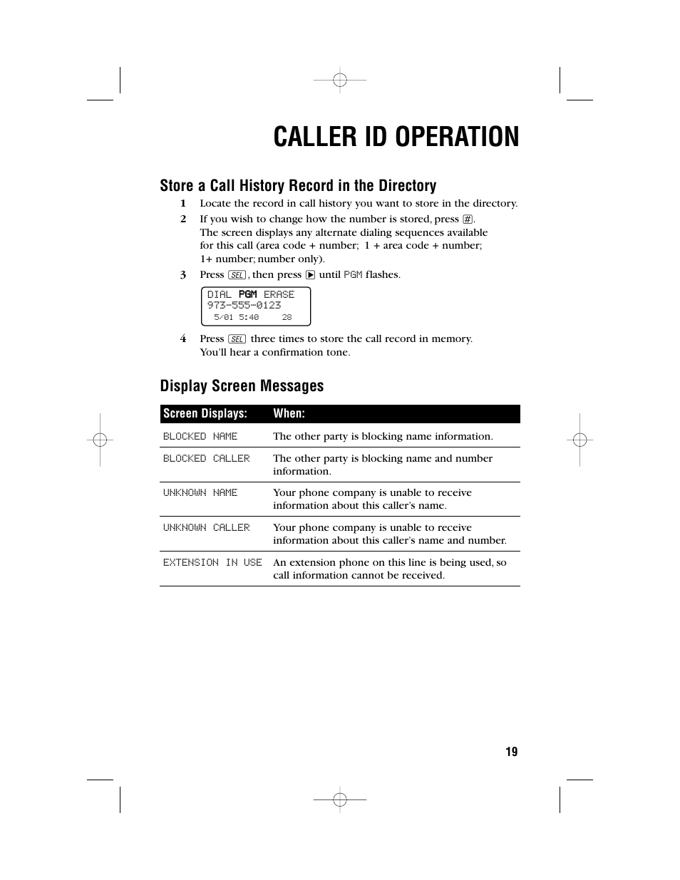 Caller id operation, Store a call history record in the directory, Display screen messages | AT&T 9371 User Manual | Page 22 / 36