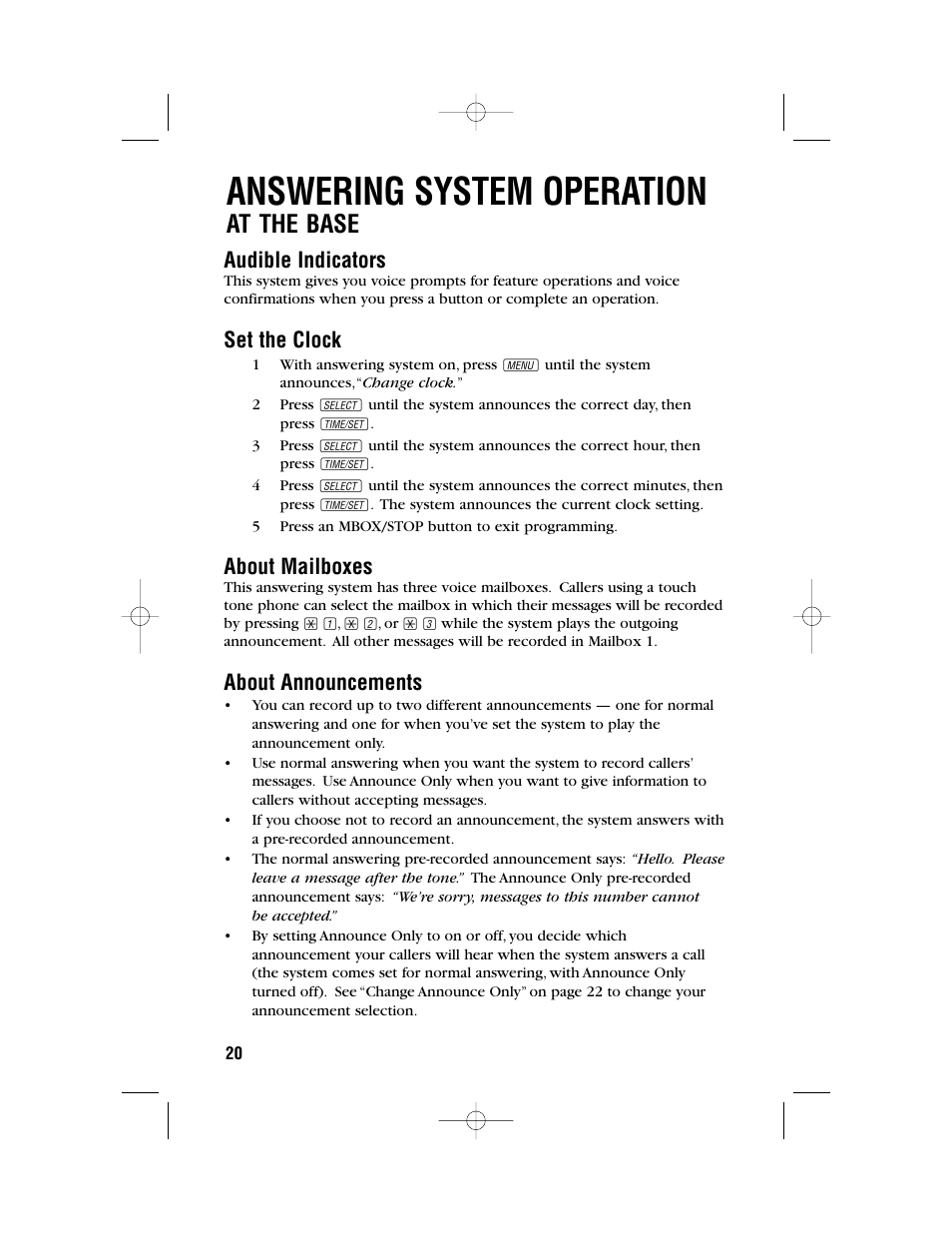 Answering system operation, At the base, Audible indicators | Set the clock, About mailboxes, About announcements | AT&T 9371 User Manual | Page 23 / 36
