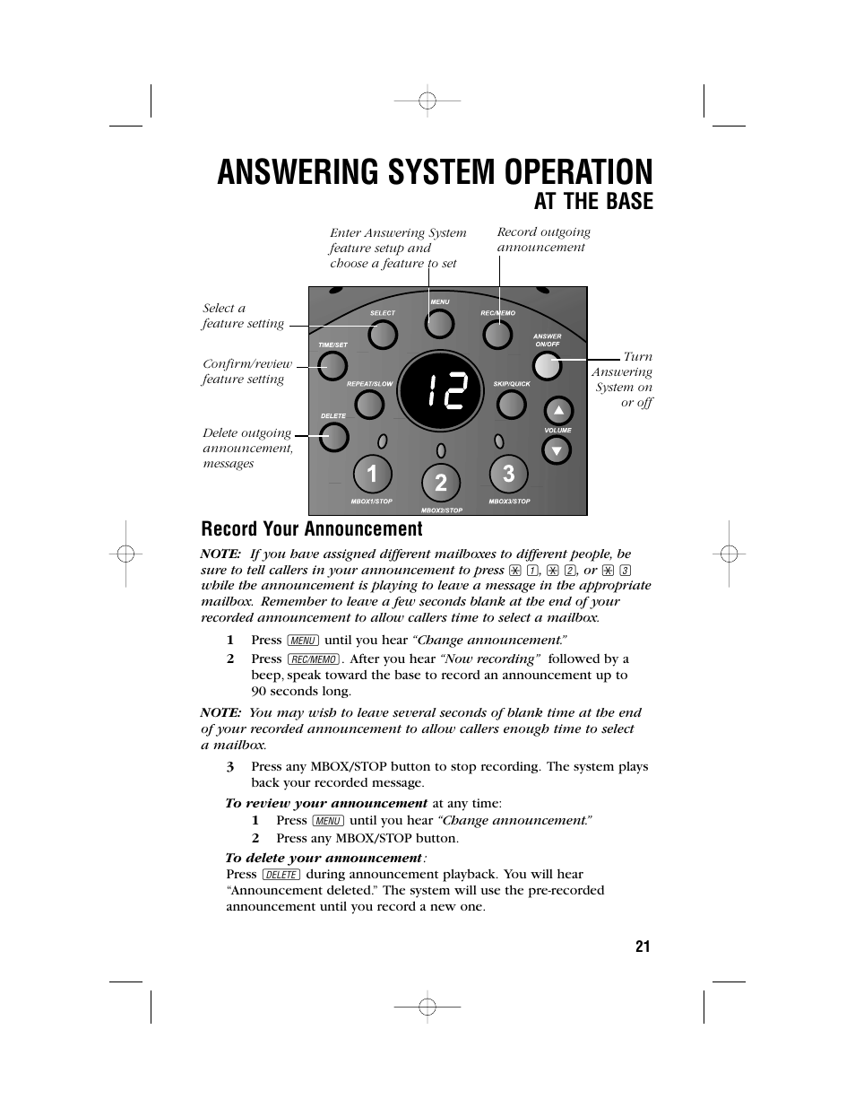 Answering system operation, At the base, Record your announcement | AT&T 9371 User Manual | Page 24 / 36