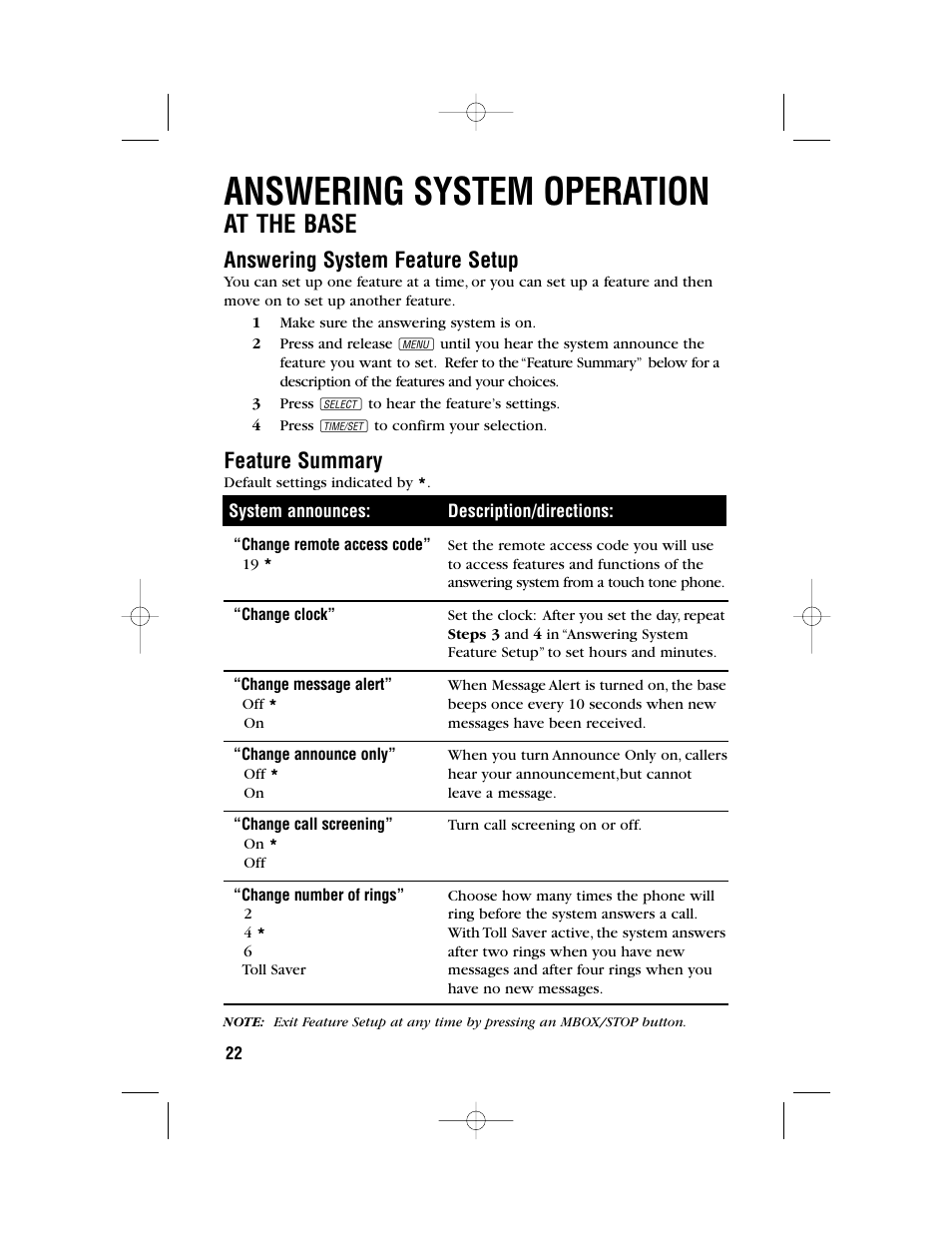 Answering system operation, At the base, Answering system feature setup | Feature summary | AT&T 9371 User Manual | Page 25 / 36