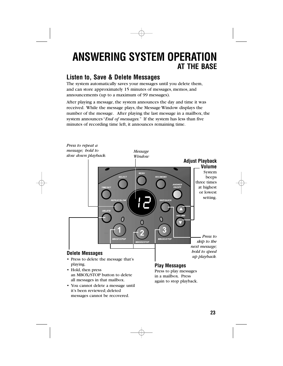 Answering system operation, At the base, Listen to, save & delete messages | AT&T 9371 User Manual | Page 26 / 36