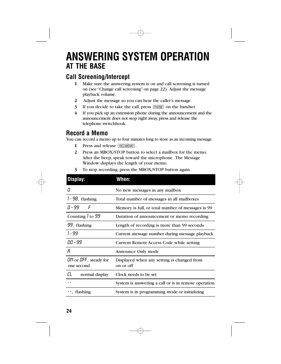 Answering system operation, At the base, Call screening/intercept | AT&T 9371 User Manual | Page 27 / 36