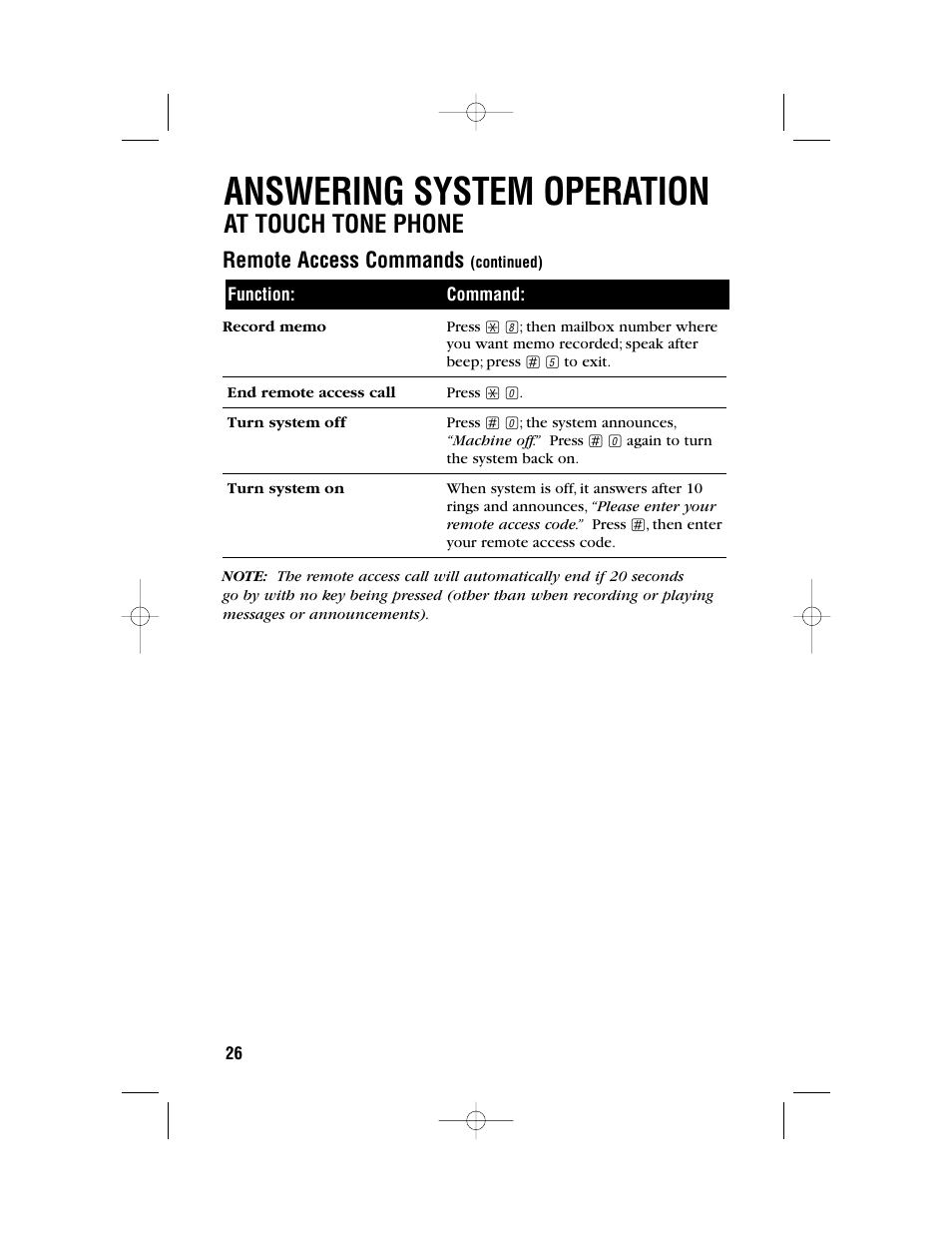 Answering system operation, At touch tone phone, Remote access commands | AT&T 9371 User Manual | Page 29 / 36