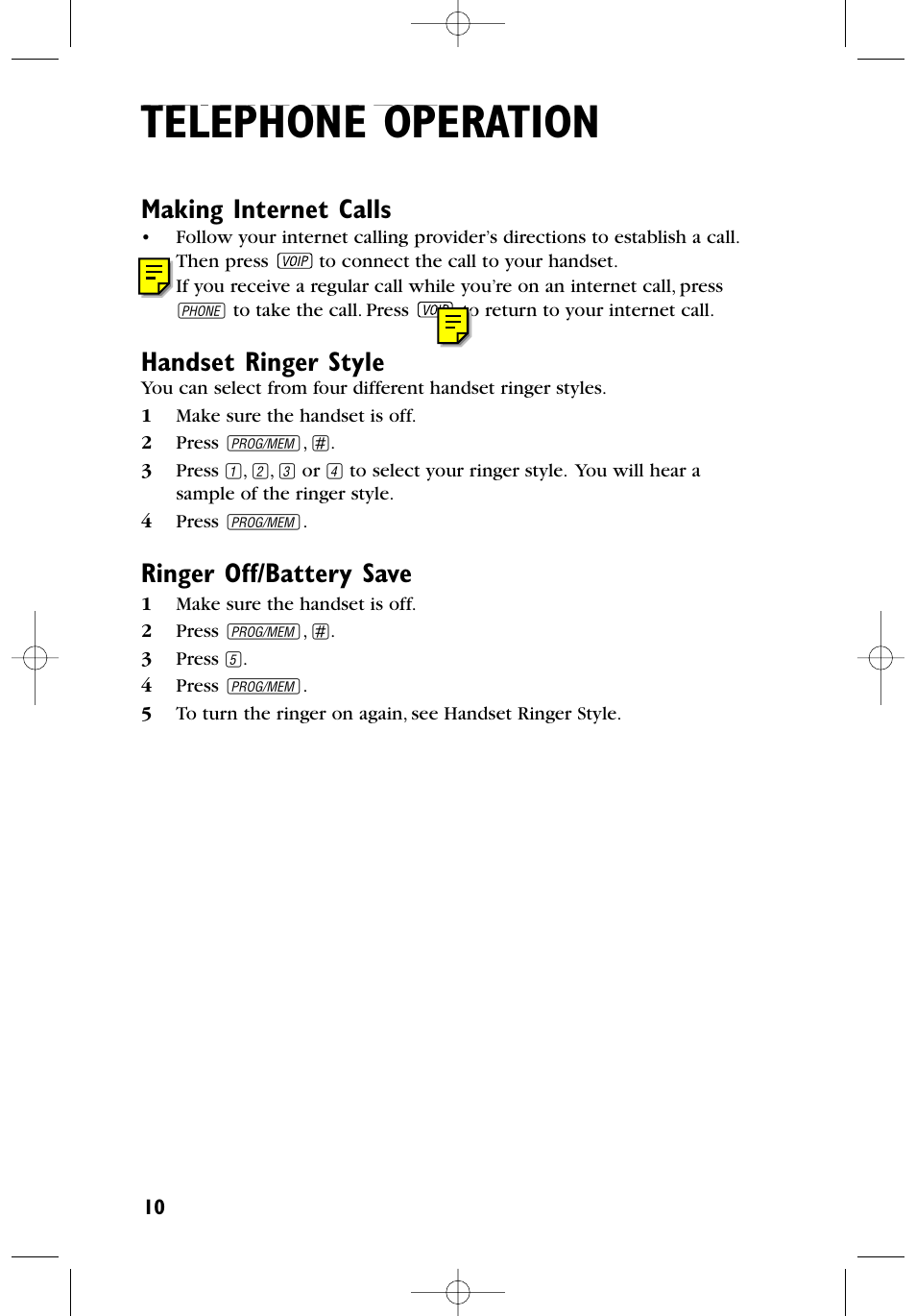 Headline left, Telephone operation, Headline l-sub | Making internet calls, Handset ringer style, Ringer off/battery save | AT&T 6100 User Manual | Page 11 / 17