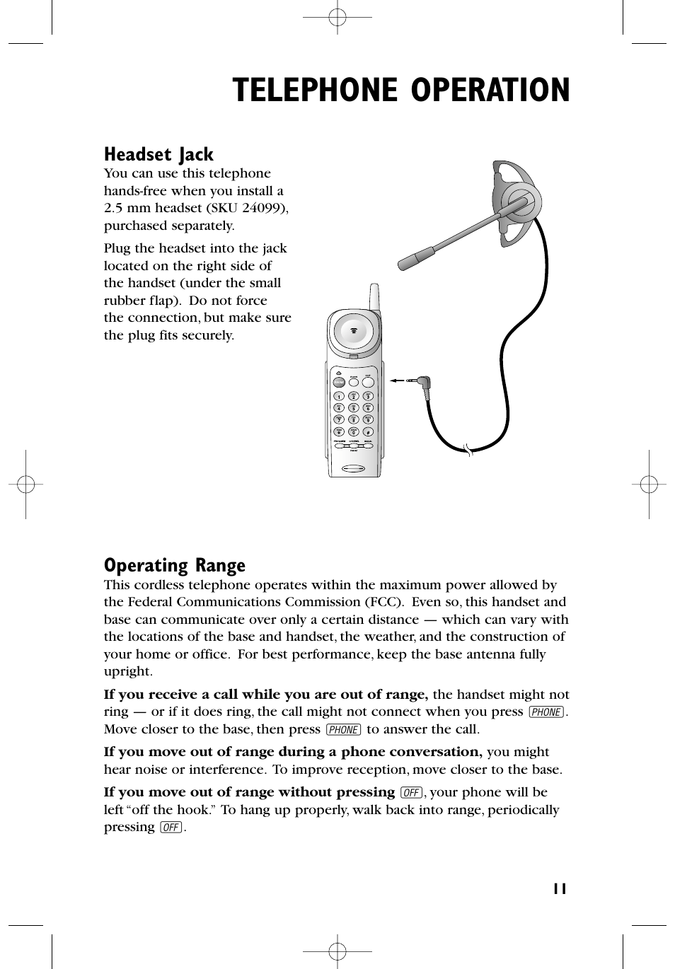 Telephone operation, Headset jack, Operating range | AT&T 6100 User Manual | Page 12 / 17