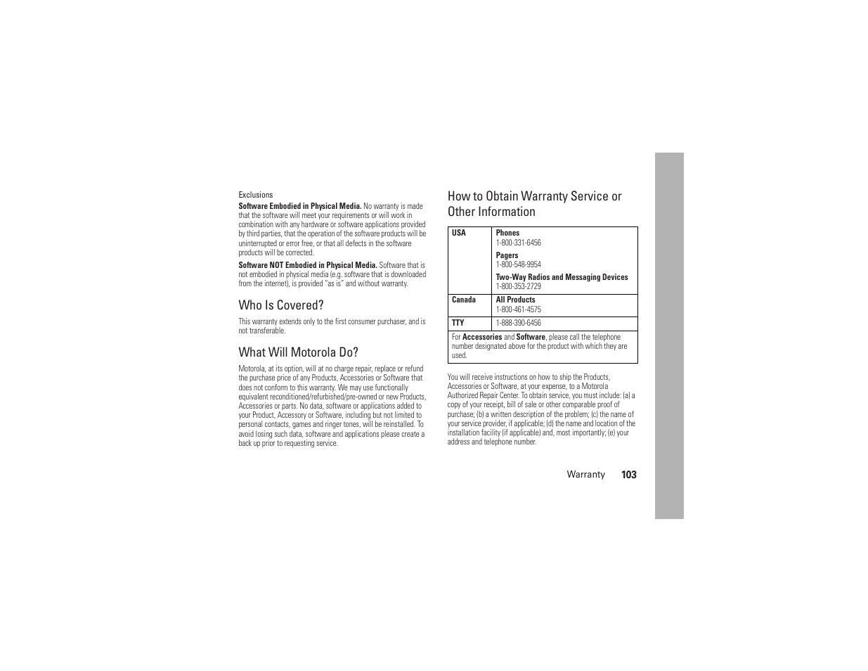 Who is covered, What will motorola do | AT&T MOTO Z9 User Manual | Page 105 / 248
