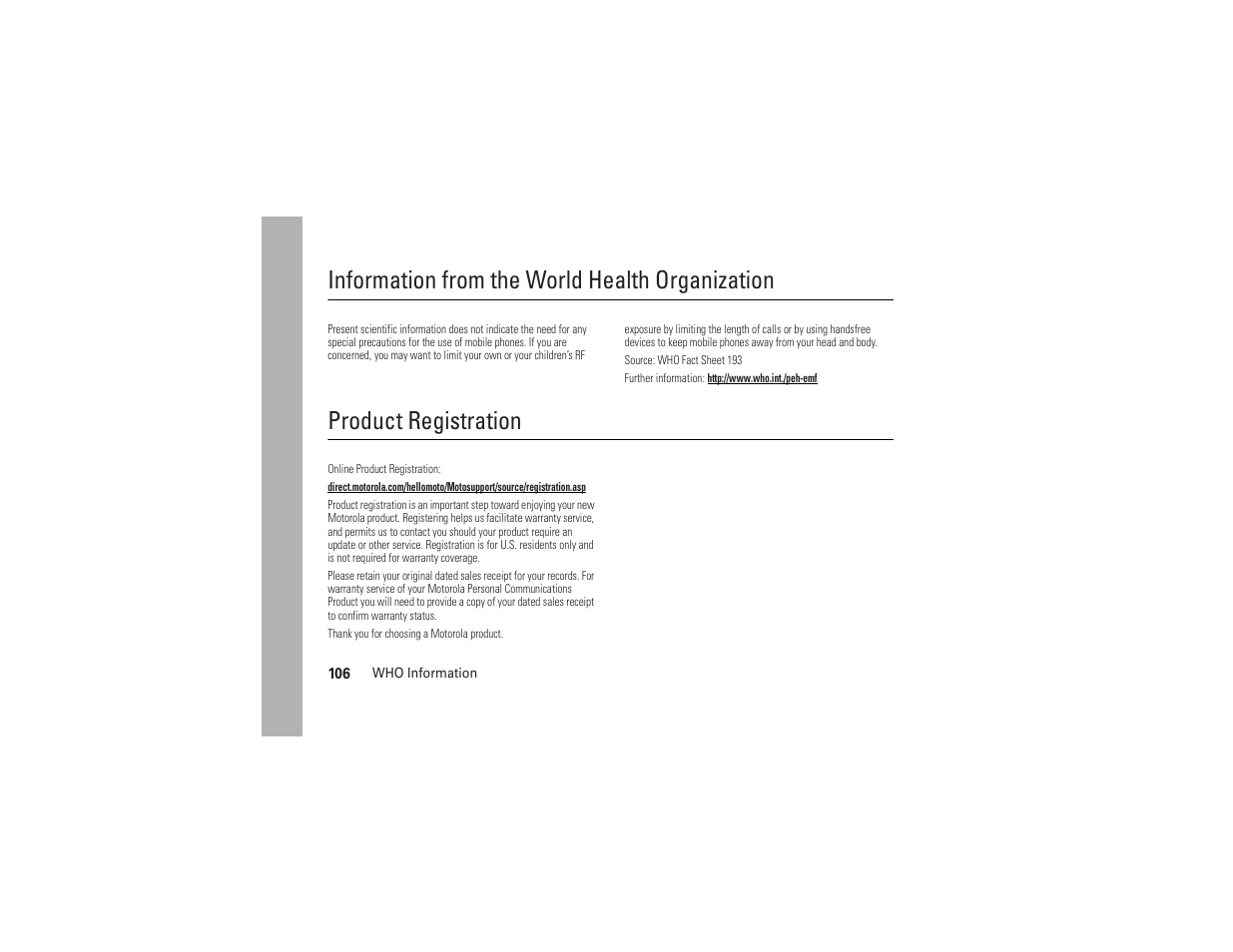 Who information, Registration, Information from the world health organization | Product registration | AT&T MOTO Z9 User Manual | Page 108 / 248