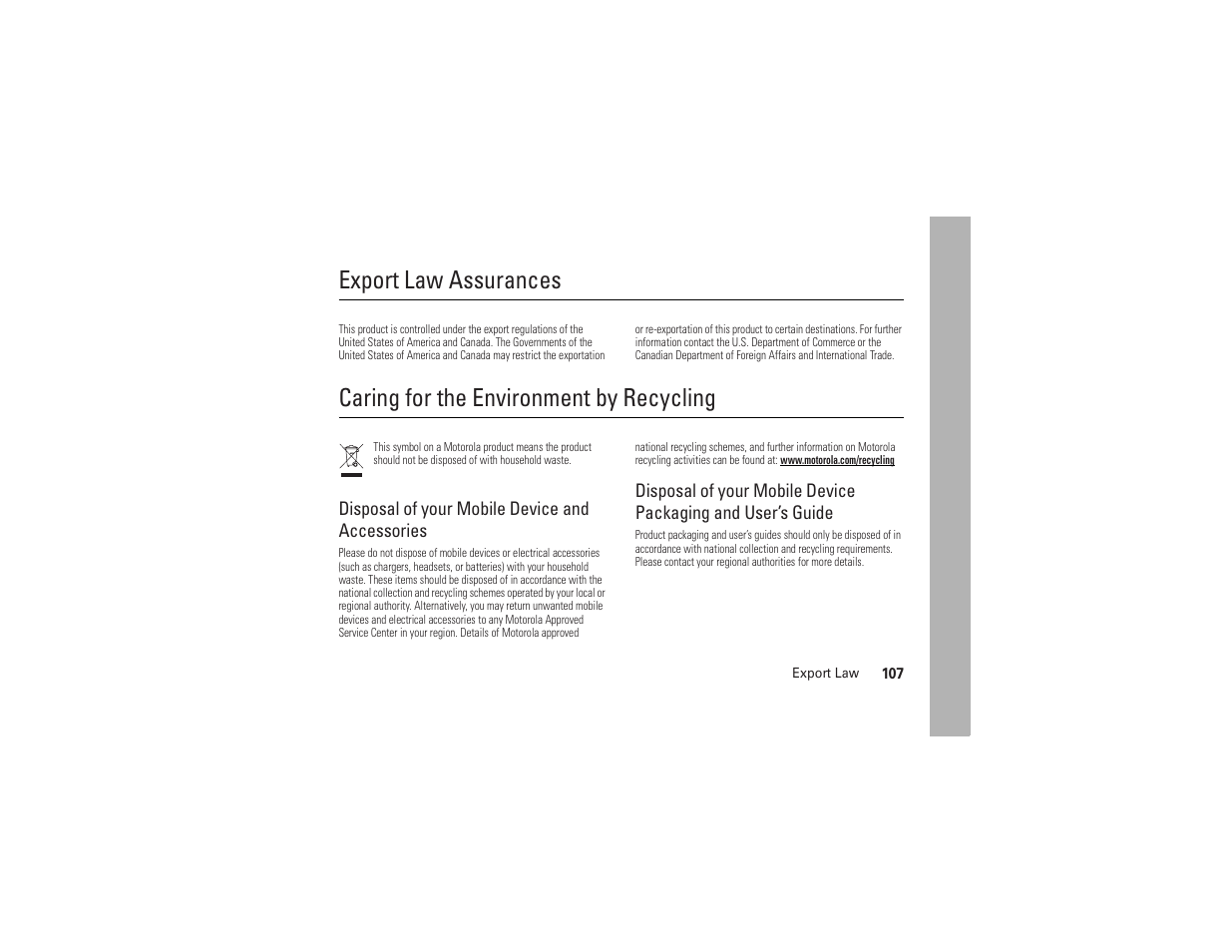 Export law, Recycling information, Export law assurances | Caring for the environment by recycling, Disposal of your mobile device and accessories | AT&T MOTO Z9 User Manual | Page 109 / 248