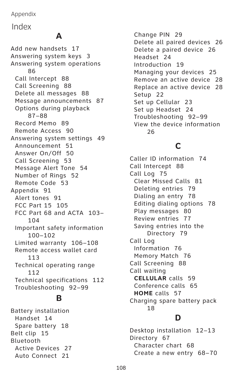 Index | AT&T EP5632/EP5632-2 User Manual | Page 112 / 117
