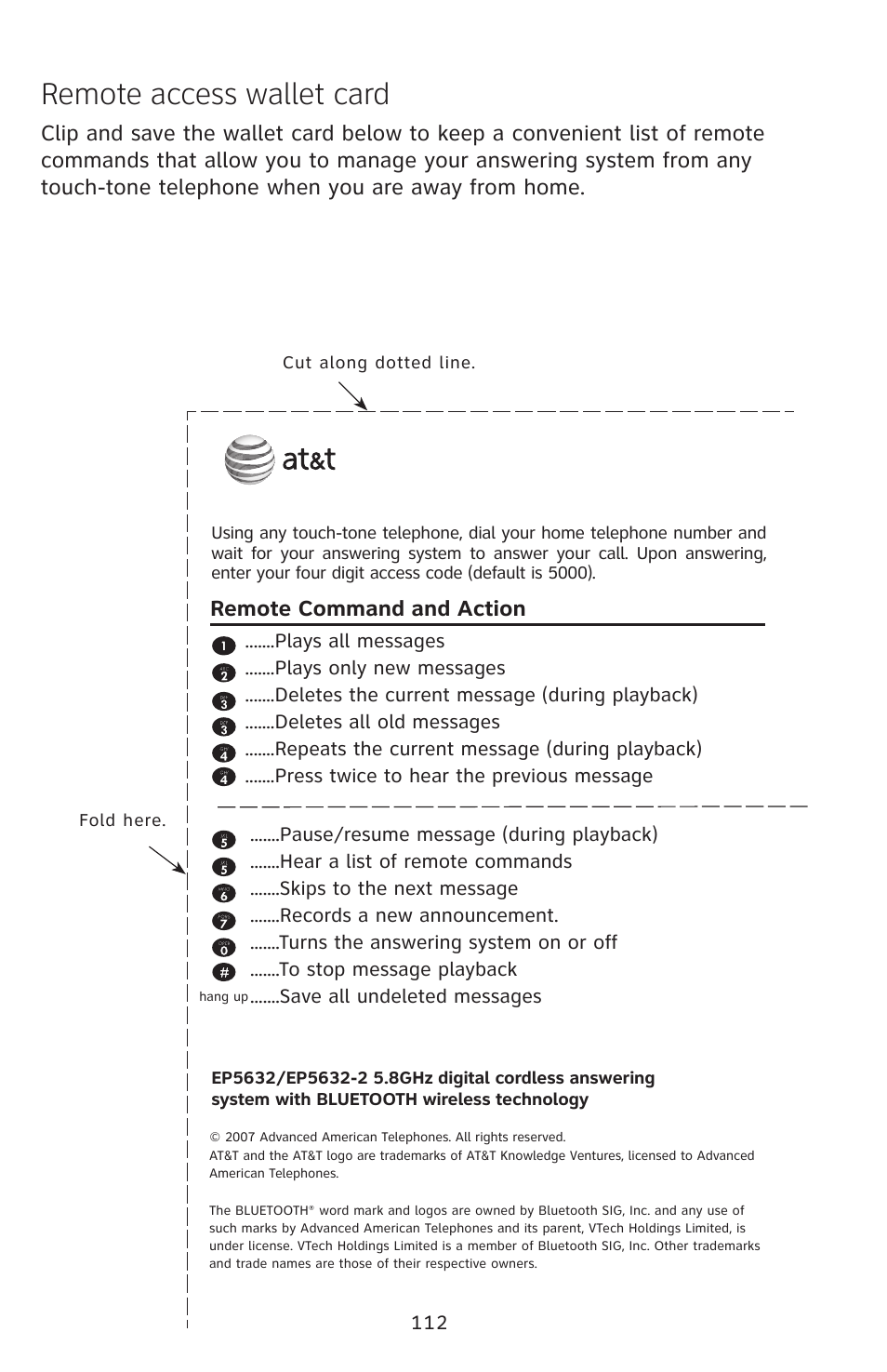 Remote access wallet card, Remote command and action | AT&T EP5632/EP5632-2 User Manual | Page 116 / 117