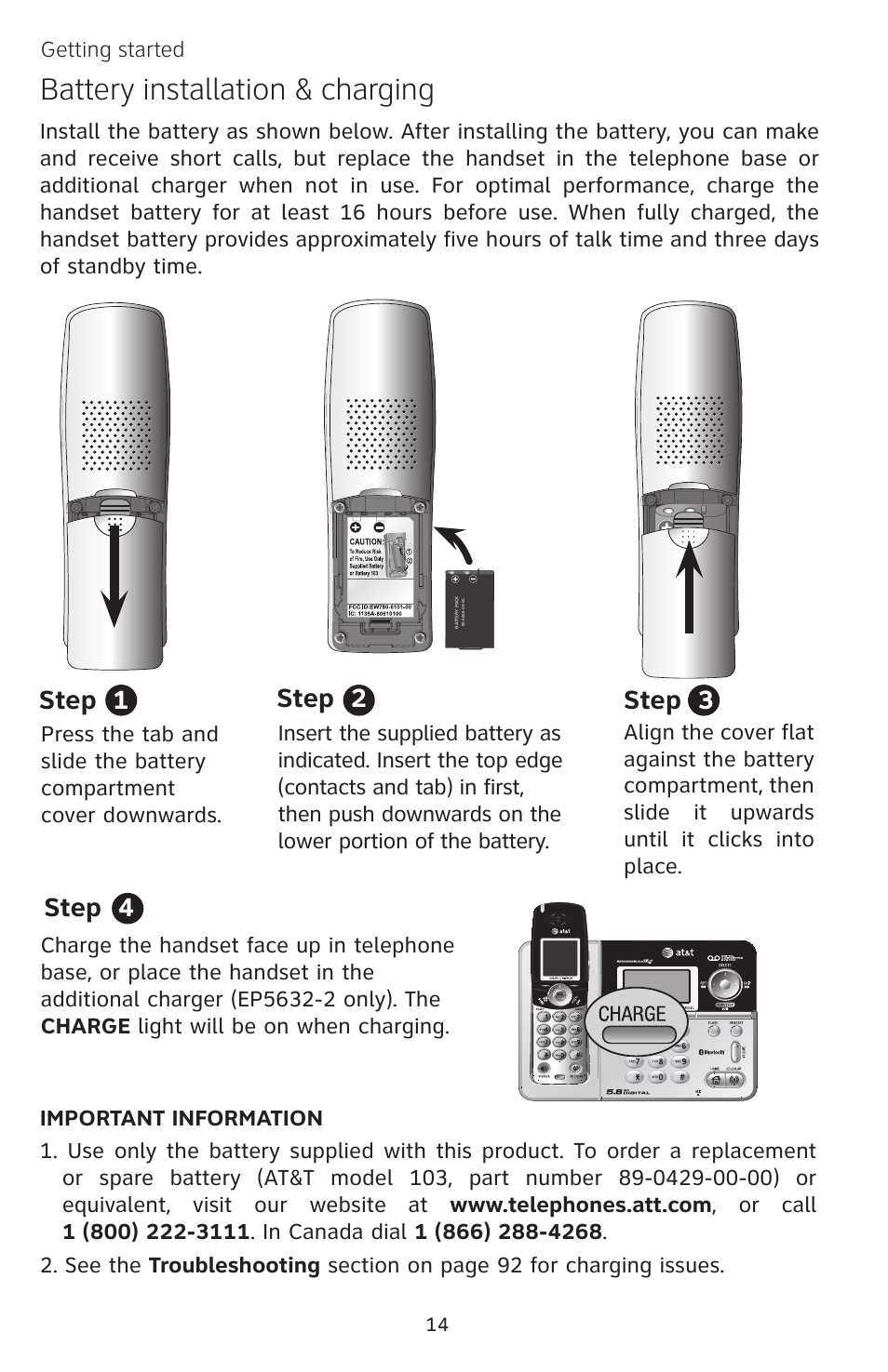 Battery installation & charging, Step 1 step 2 step 3 step 4 | AT&T EP5632/EP5632-2 User Manual | Page 18 / 117