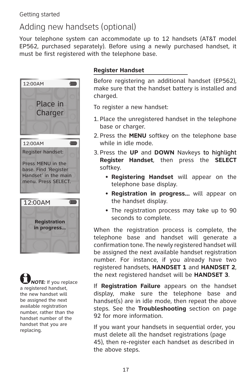Adding new handsets (optional), Place in charger | AT&T EP5632/EP5632-2 User Manual | Page 21 / 117