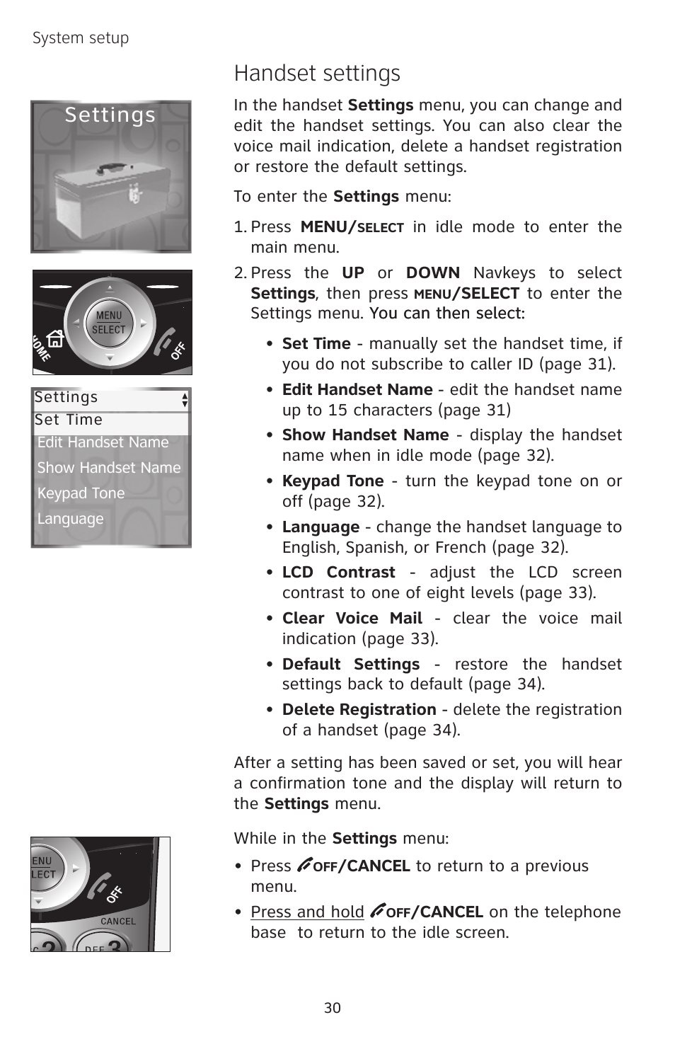 Handset settings, Settings | AT&T EP5632/EP5632-2 User Manual | Page 34 / 117