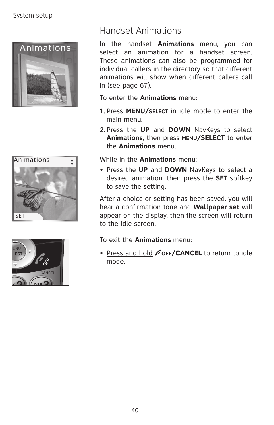 Handset animations, Animations | AT&T EP5632/EP5632-2 User Manual | Page 44 / 117
