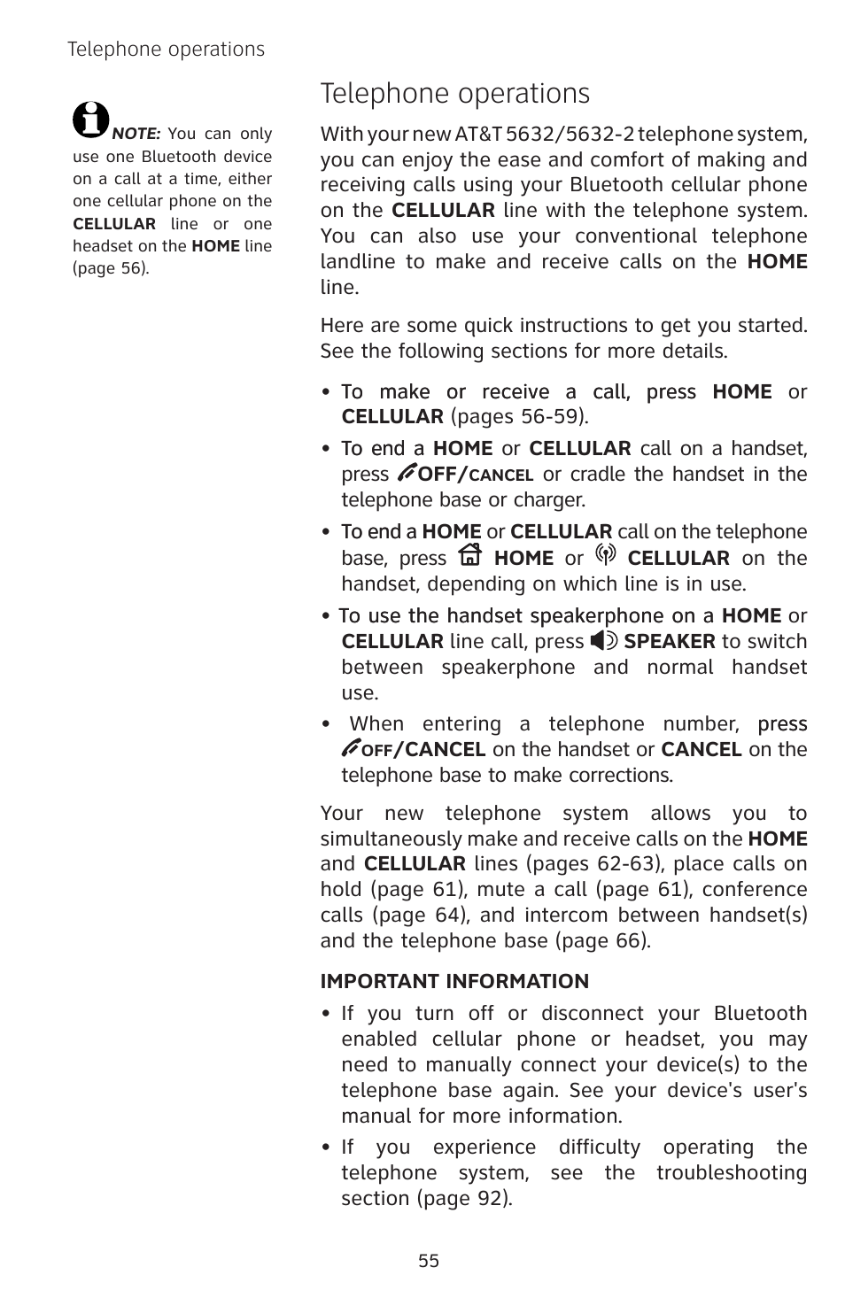 Telephone operations | AT&T EP5632/EP5632-2 User Manual | Page 59 / 117