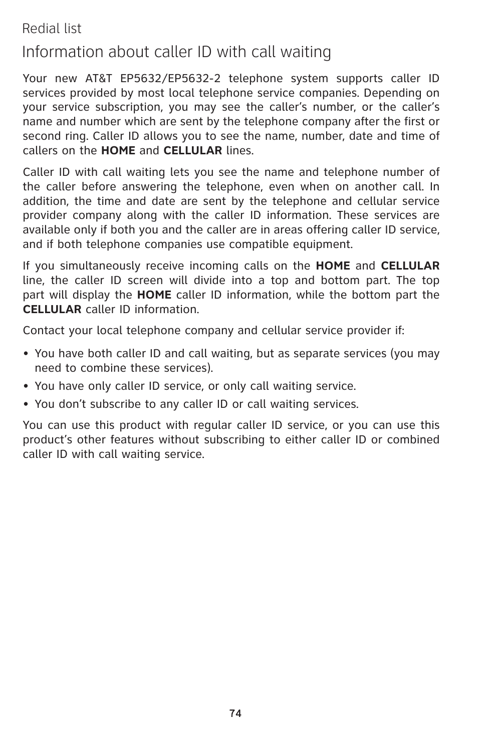 Information about caller id with call waiting, Redial list | AT&T EP5632/EP5632-2 User Manual | Page 78 / 117