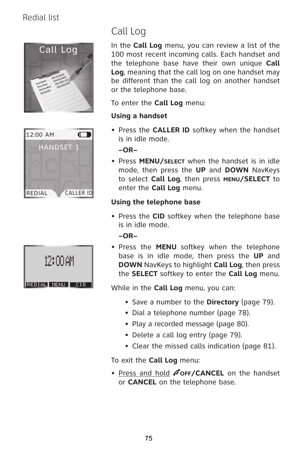 00 am, Call log, Redial list | AT&T EP5632/EP5632-2 User Manual | Page 79 / 117