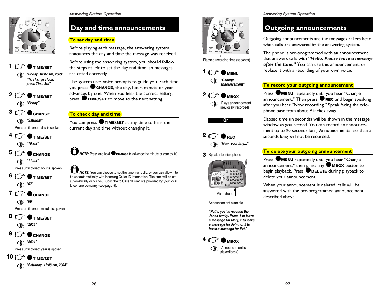 Day and time announcements, To set day and time, To check day and time | Outgoing announcements, To record your outgoing announcement, To delete your outgoing announcement | AT&T 1175 User Manual | Page 15 / 26