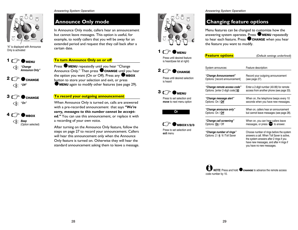 Announce only mode, To turn announce only on or off, To record your outgoing announcement | Changing feature options, Feature options, Change announcement, Change remote access code, Change message alert, Change announce only, Change call screening | AT&T 1175 User Manual | Page 16 / 26