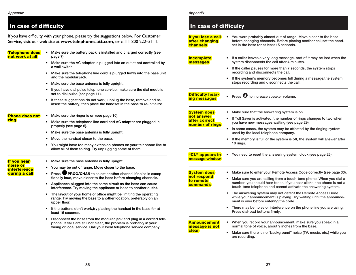 In case of difficulty, Telephone does not work at all, Phone does not ring | If you hear noise or interference during a call, If you lose a call after changing channels, Incomplete messages, Difficulty hearing messages, Cl” appears in message window, System does not respond to remote commands, Announcement message is not clear | AT&T 1175 User Manual | Page 20 / 26