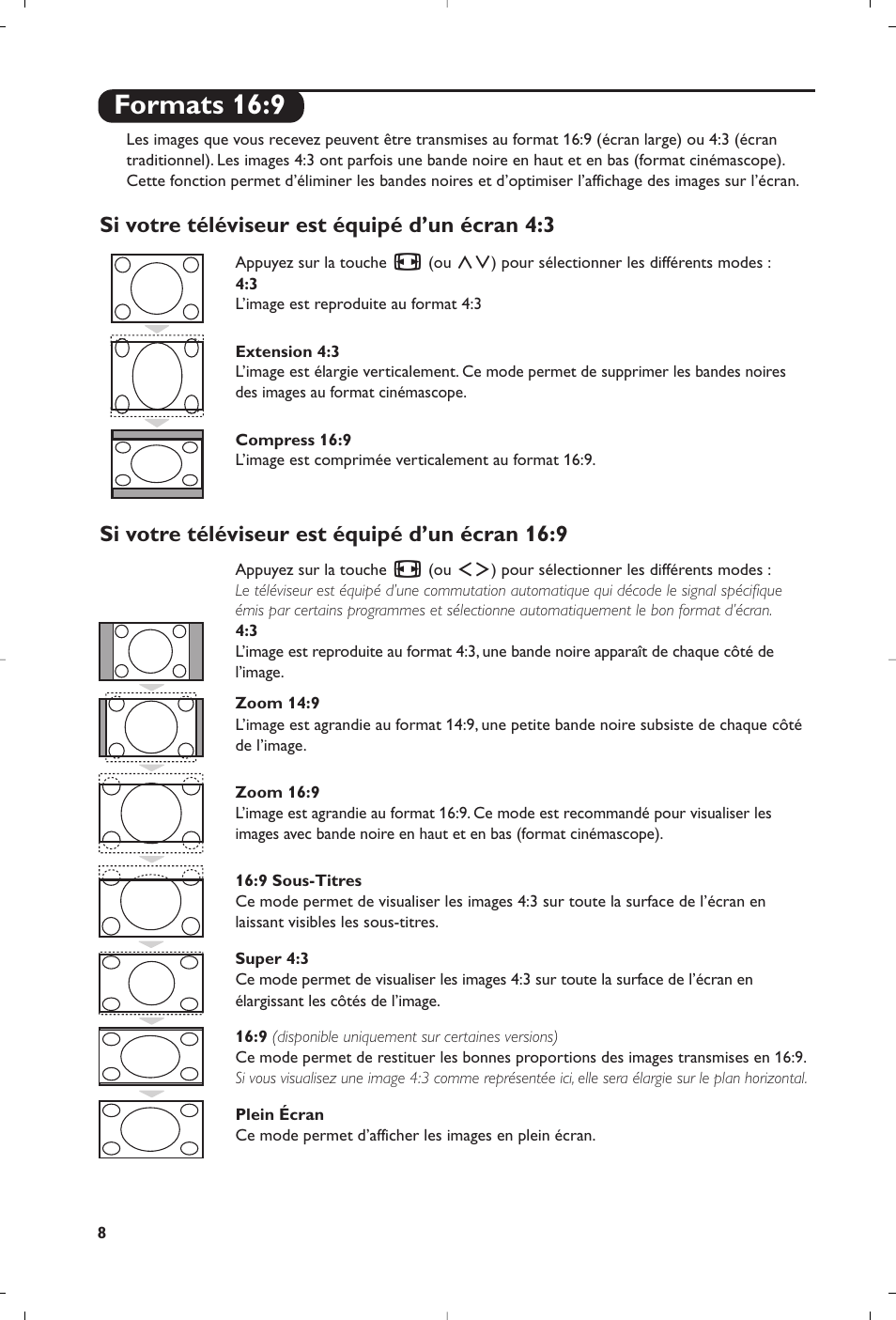 Formats 16:9 | Philips Téléviseur à écran large User Manual | Page 10 / 172