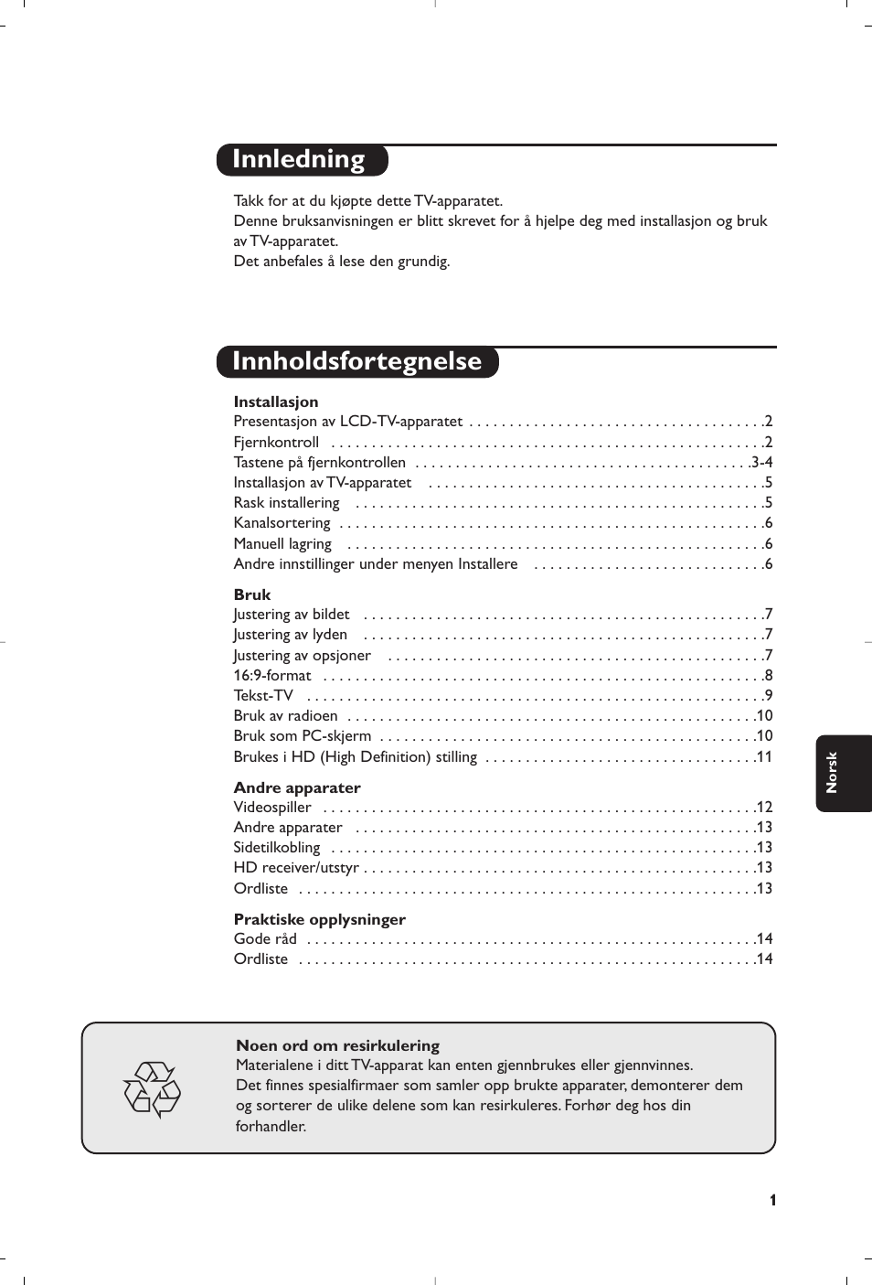 Innledning innholdsfortegnelse | Philips Téléviseur à écran large User Manual | Page 101 / 172