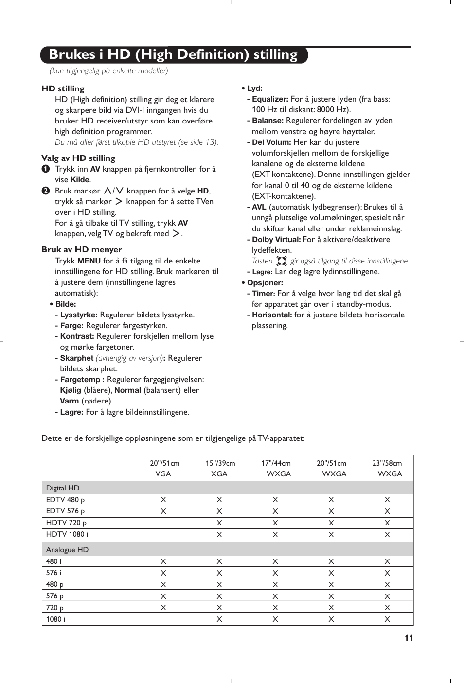 Brukes i hd (high definition) stilling | Philips Téléviseur à écran large User Manual | Page 111 / 172