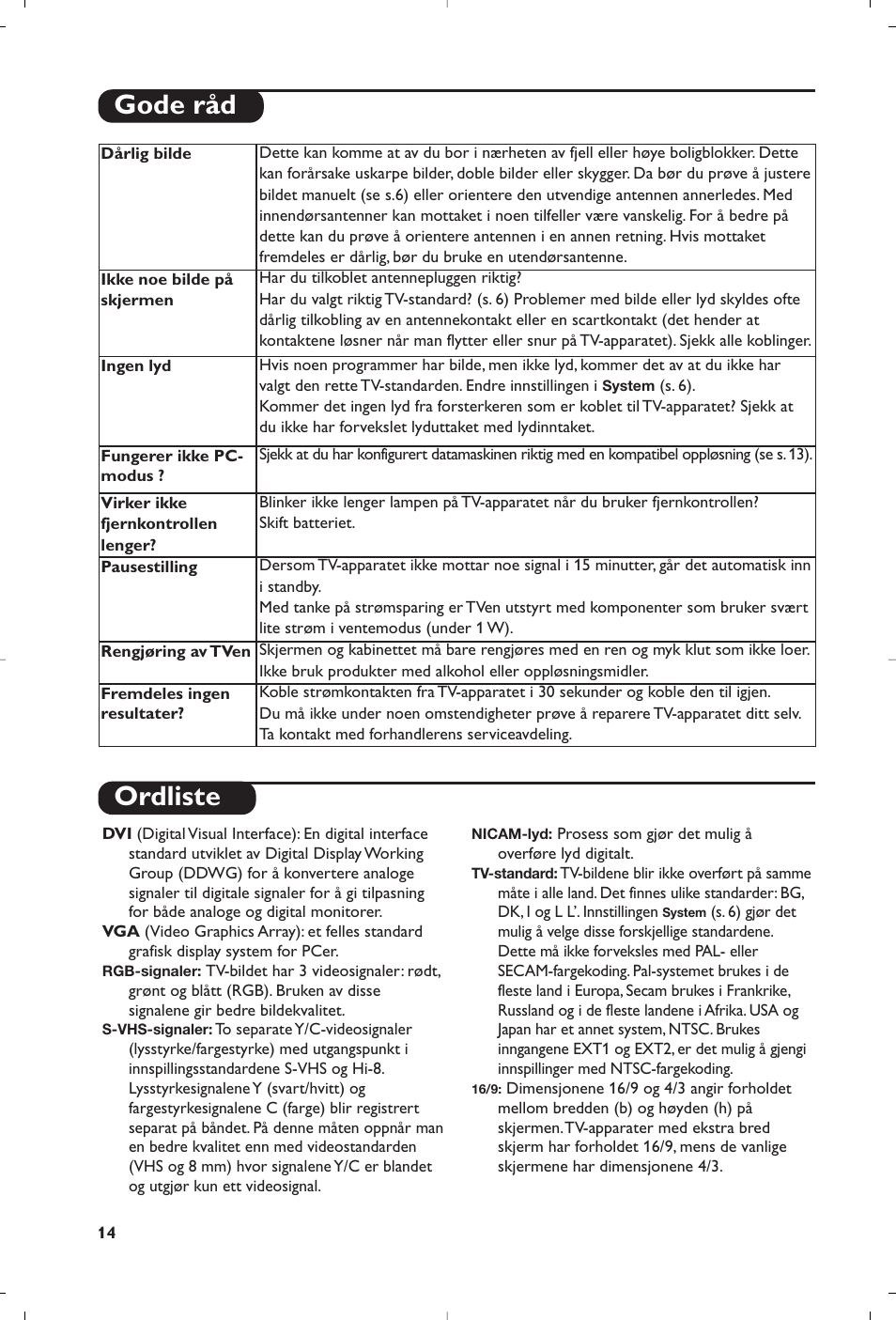 Ordliste, Gode råd | Philips Téléviseur à écran large User Manual | Page 114 / 172