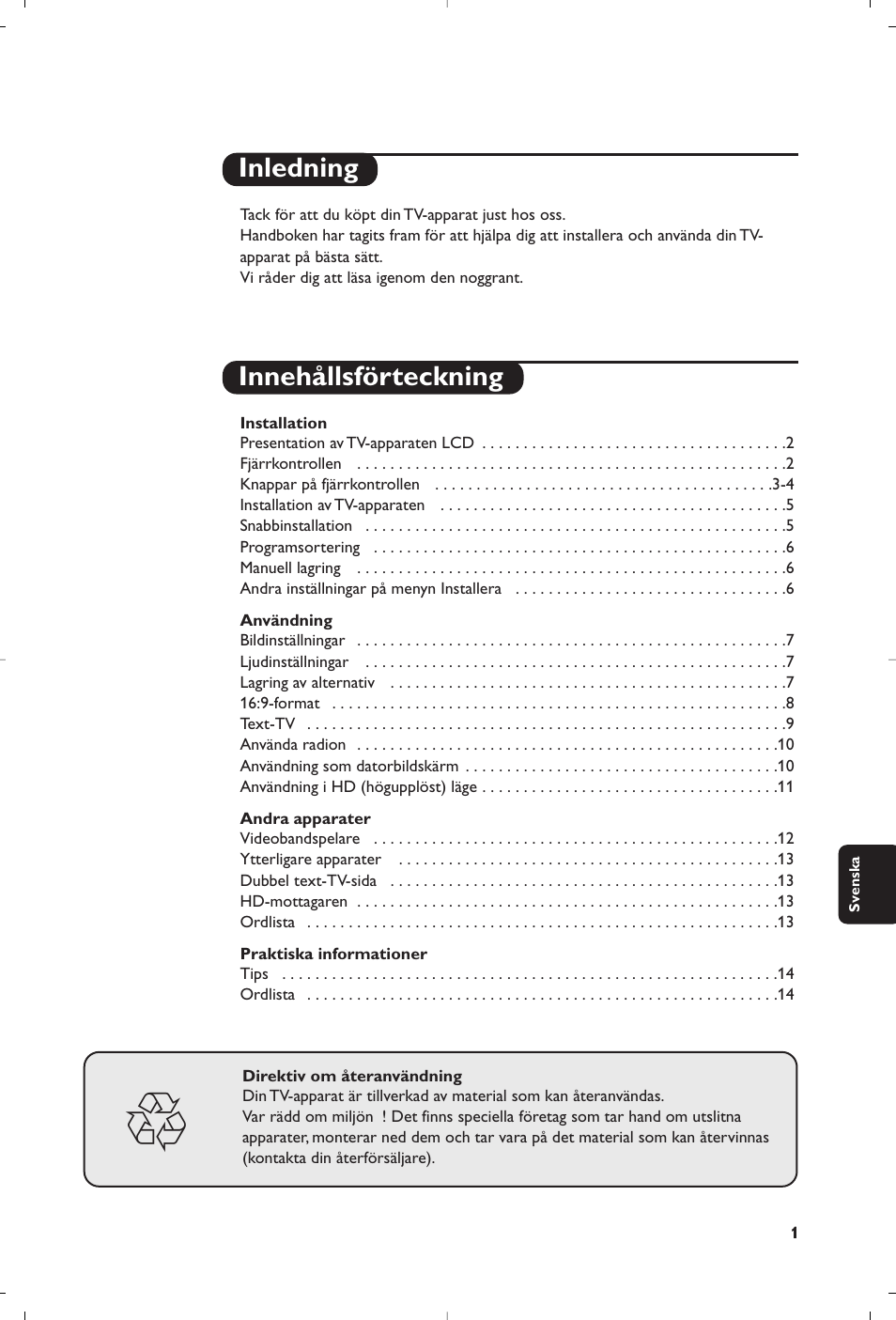 Inledning innehållsförteckning | Philips Téléviseur à écran large User Manual | Page 115 / 172