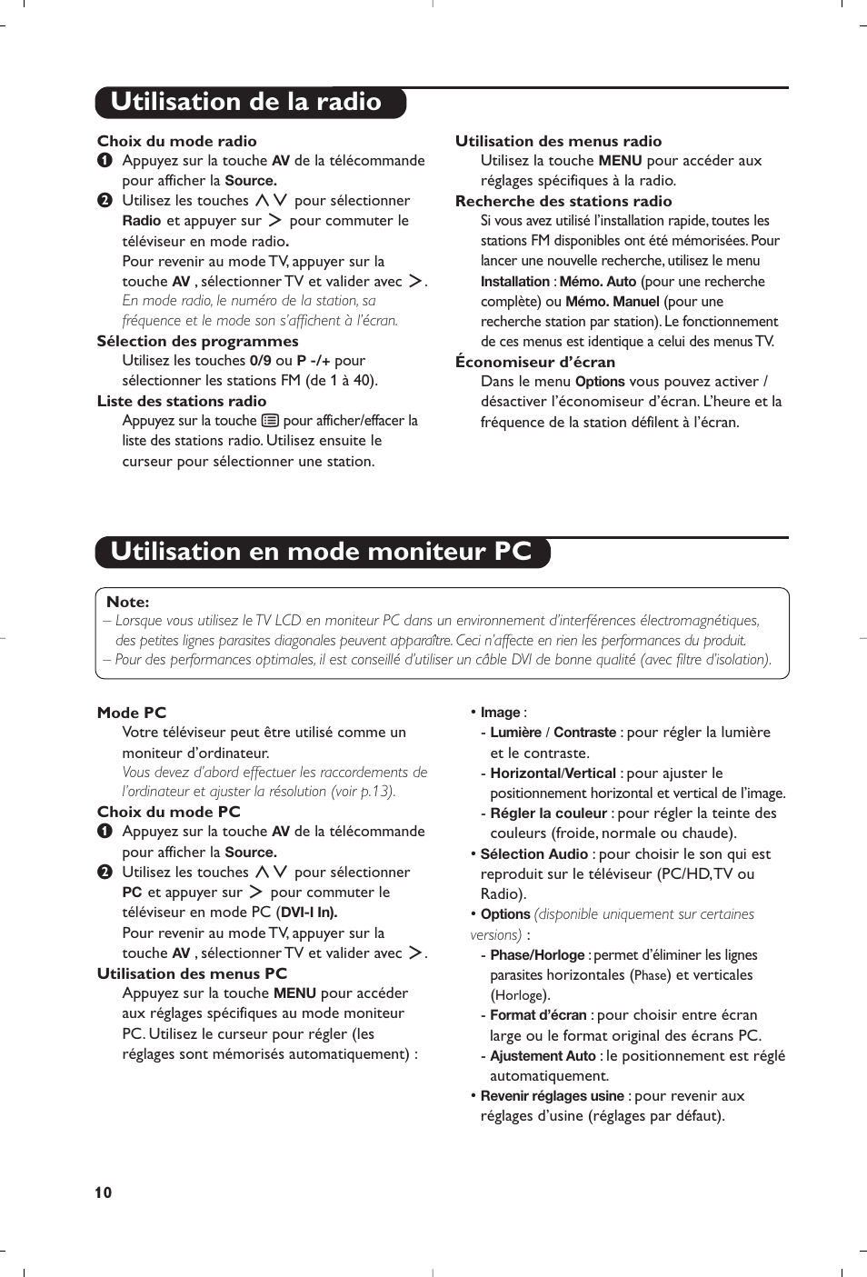 Utilisation en mode moniteur pc, Utilisation de la radio | Philips Téléviseur à écran large User Manual | Page 12 / 172