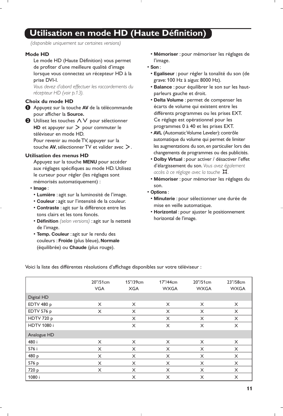 Utilisation en mode hd (haute définition) | Philips Téléviseur à écran large User Manual | Page 13 / 172
