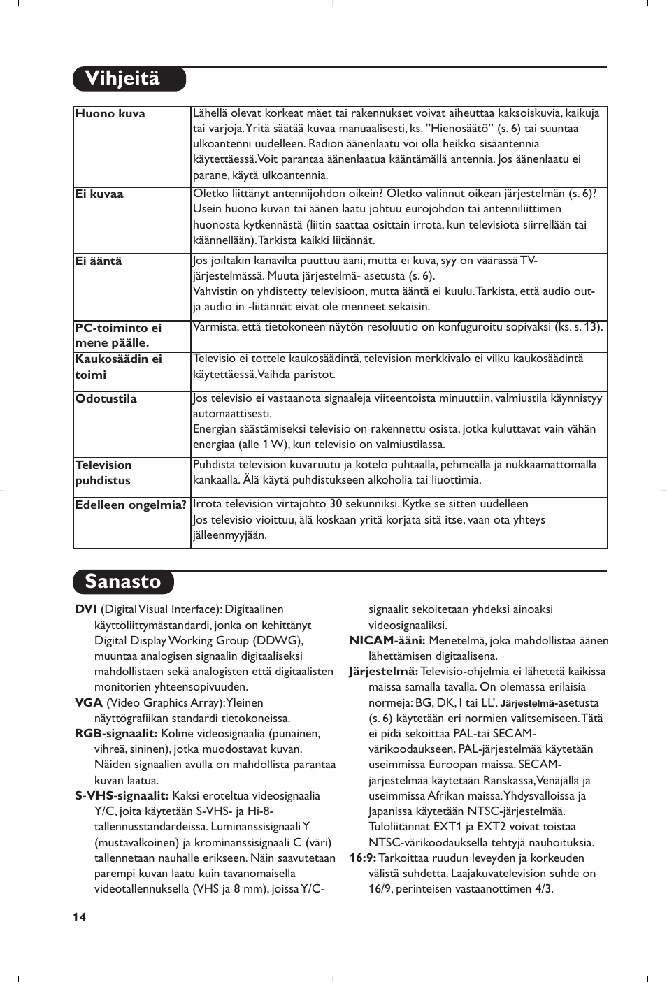Sanasto, Vihjeitä | Philips Téléviseur à écran large User Manual | Page 142 / 172