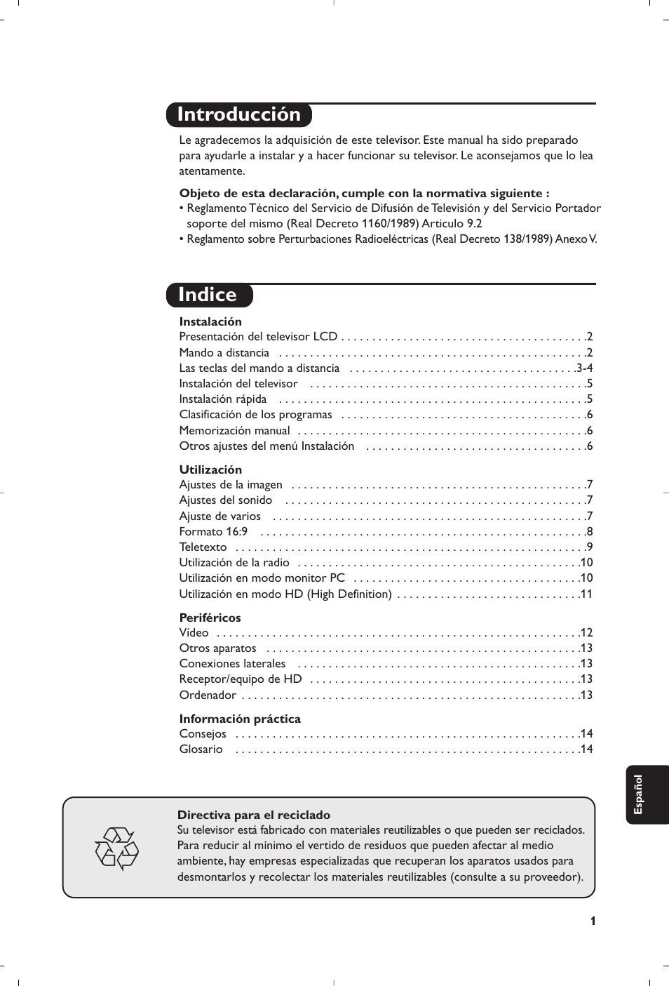 Introducción indice | Philips Téléviseur à écran large User Manual | Page 143 / 172