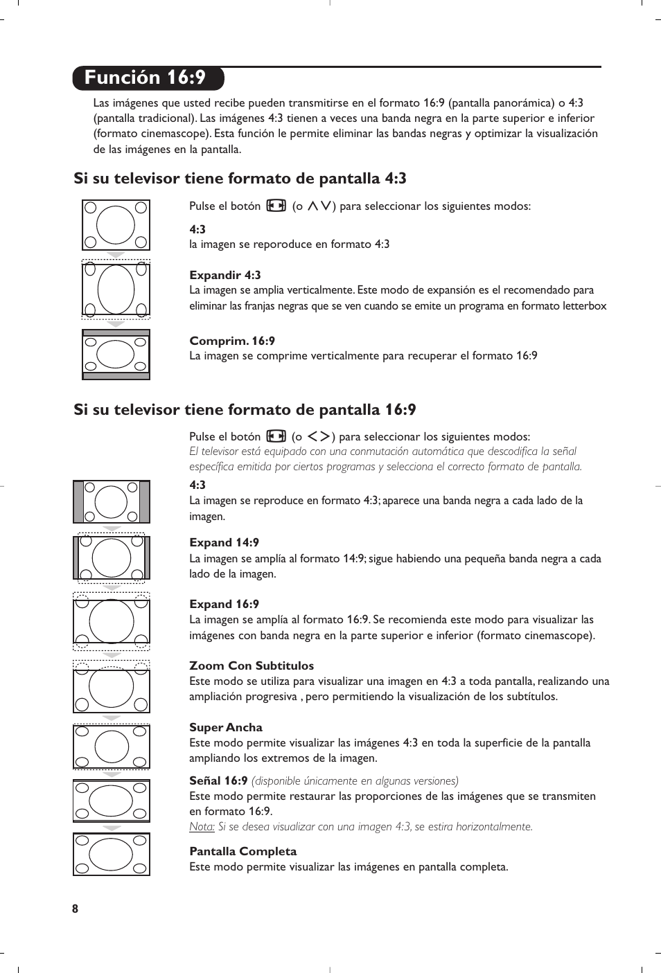 Función 16:9 | Philips Téléviseur à écran large User Manual | Page 150 / 172