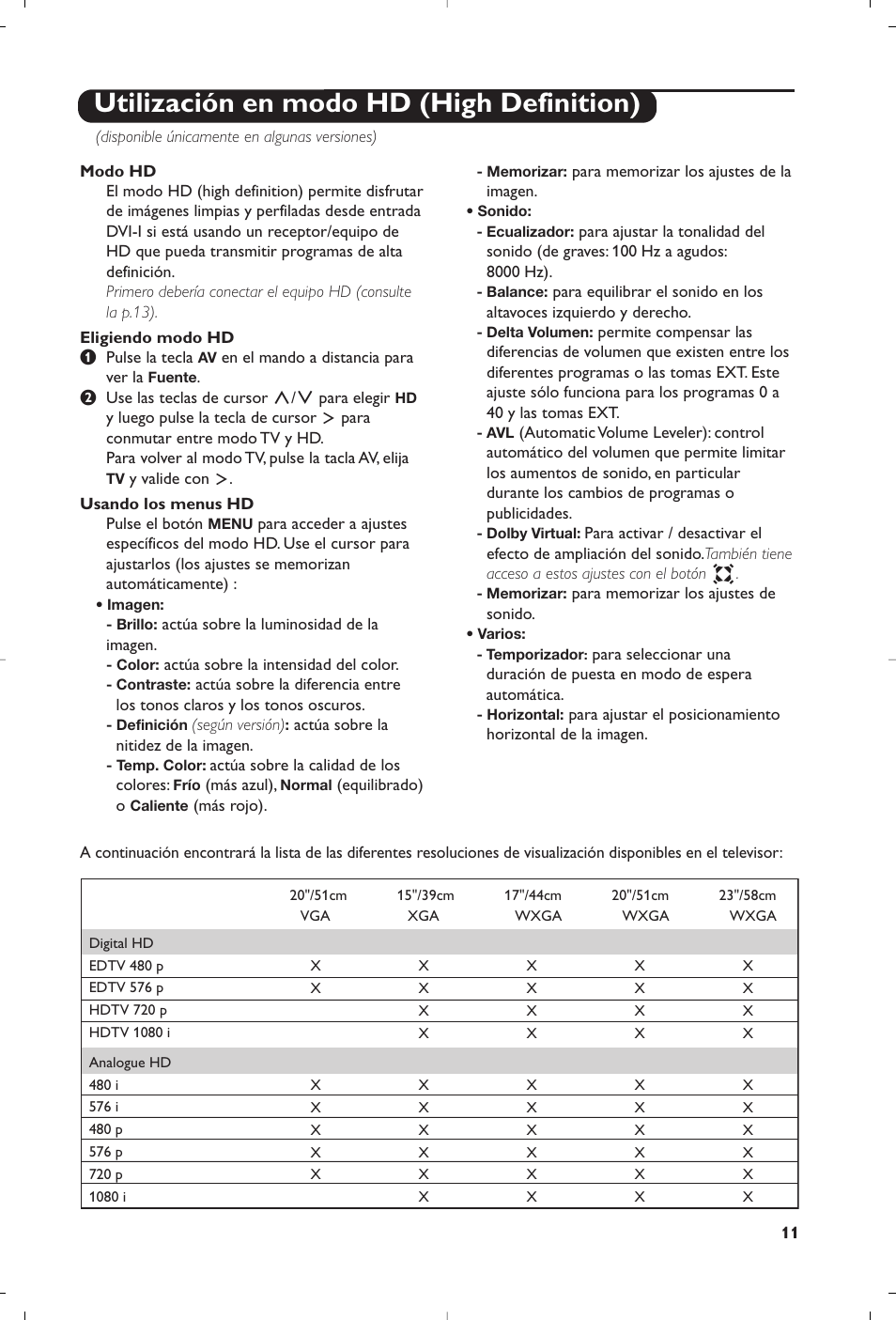 Utilización en modo hd (high definition) | Philips Téléviseur à écran large User Manual | Page 153 / 172