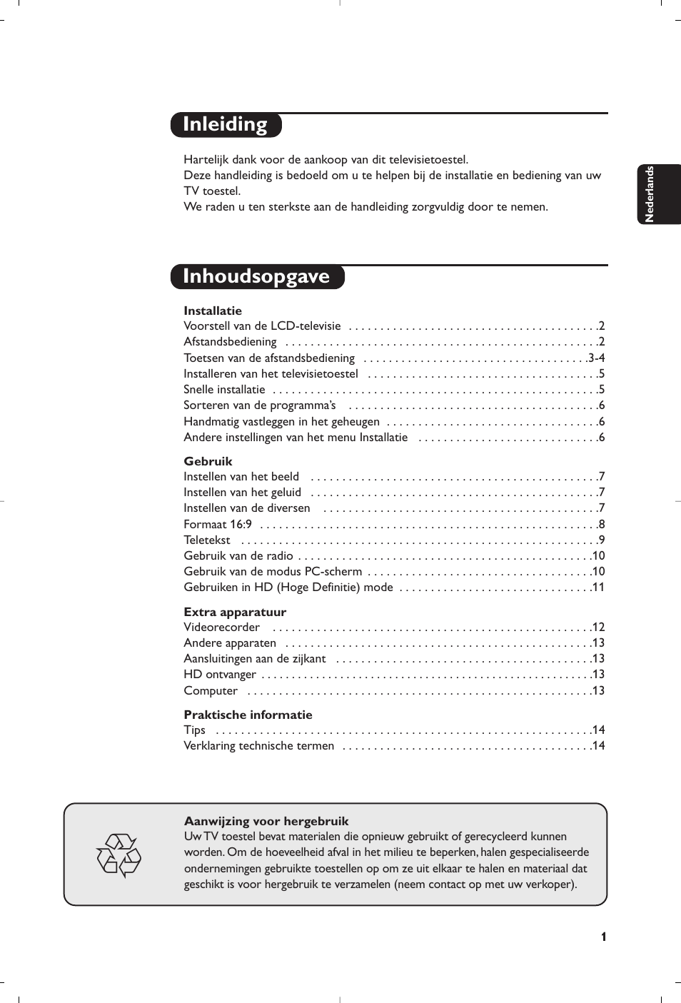 Inleiding inhoudsopgave | Philips Téléviseur à écran large User Manual | Page 17 / 172