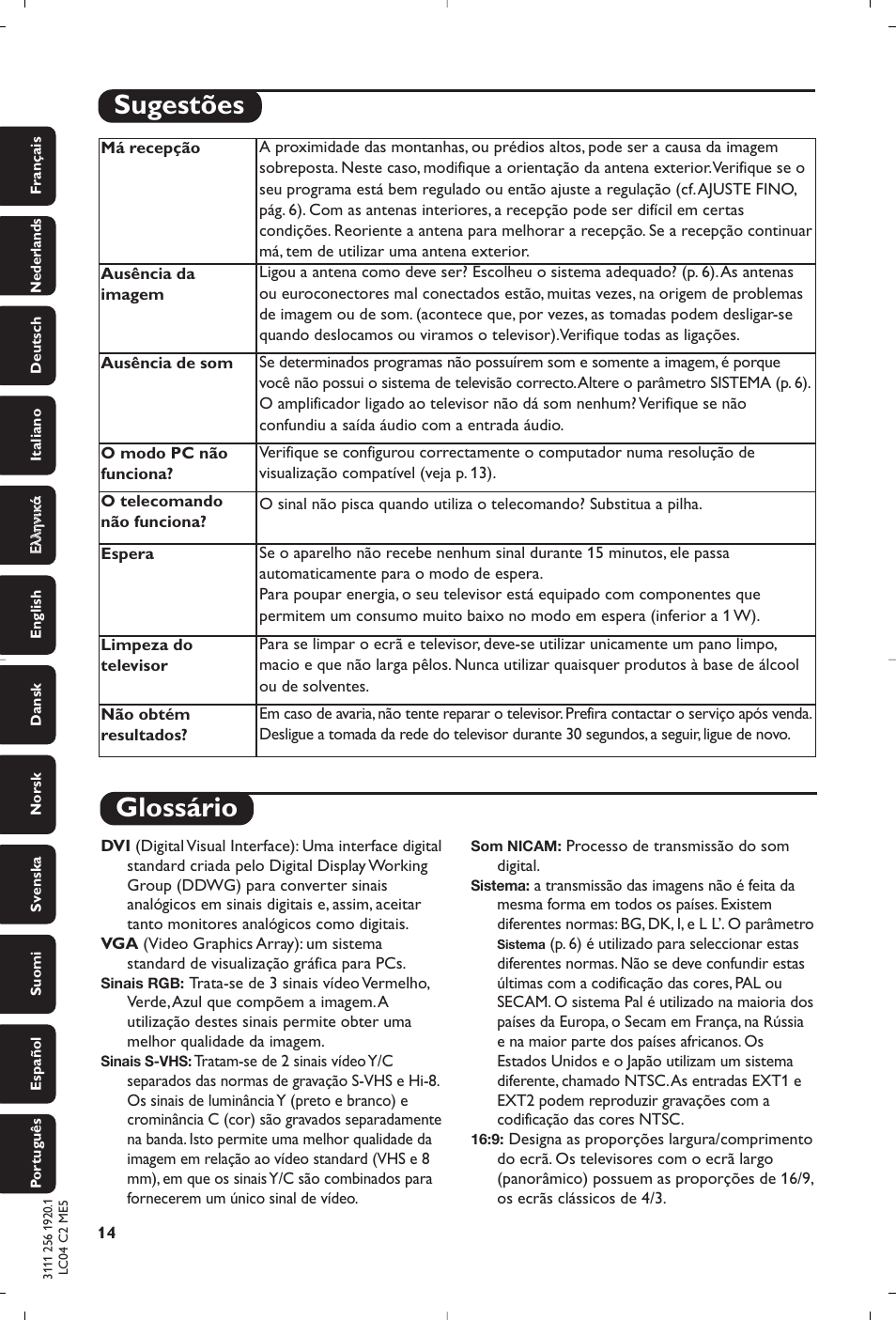 Glossário, Sugestões | Philips Téléviseur à écran large User Manual | Page 170 / 172