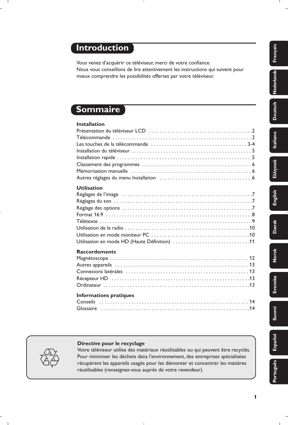 Introduction sommaire | Philips Téléviseur à écran large User Manual | Page 3 / 172