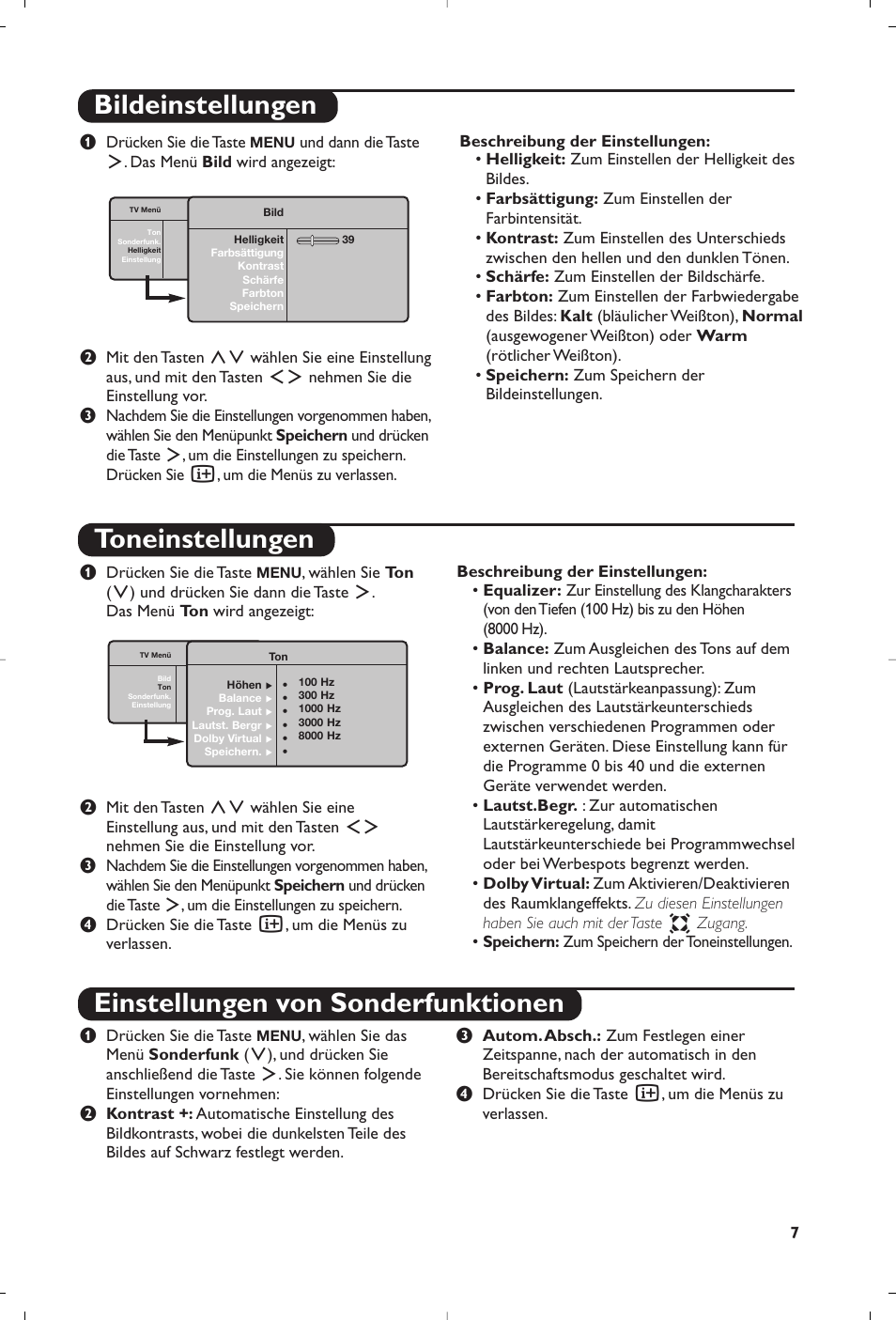 Bildeinstellungen toneinstellungen, Einstellungen von sonderfunktionen | Philips Téléviseur à écran large User Manual | Page 37 / 172