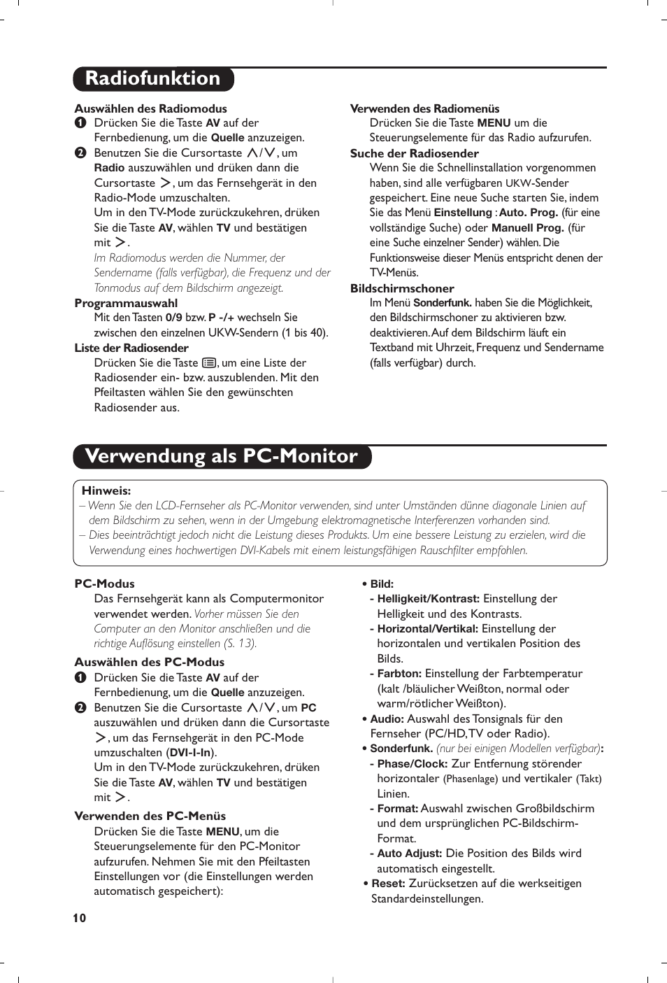 Verwendung als pc-monitor, Radiofunktion | Philips Téléviseur à écran large User Manual | Page 40 / 172
