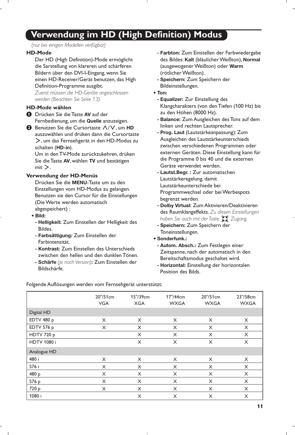 Verwendung im hd (high definition) modus | Philips Téléviseur à écran large User Manual | Page 41 / 172