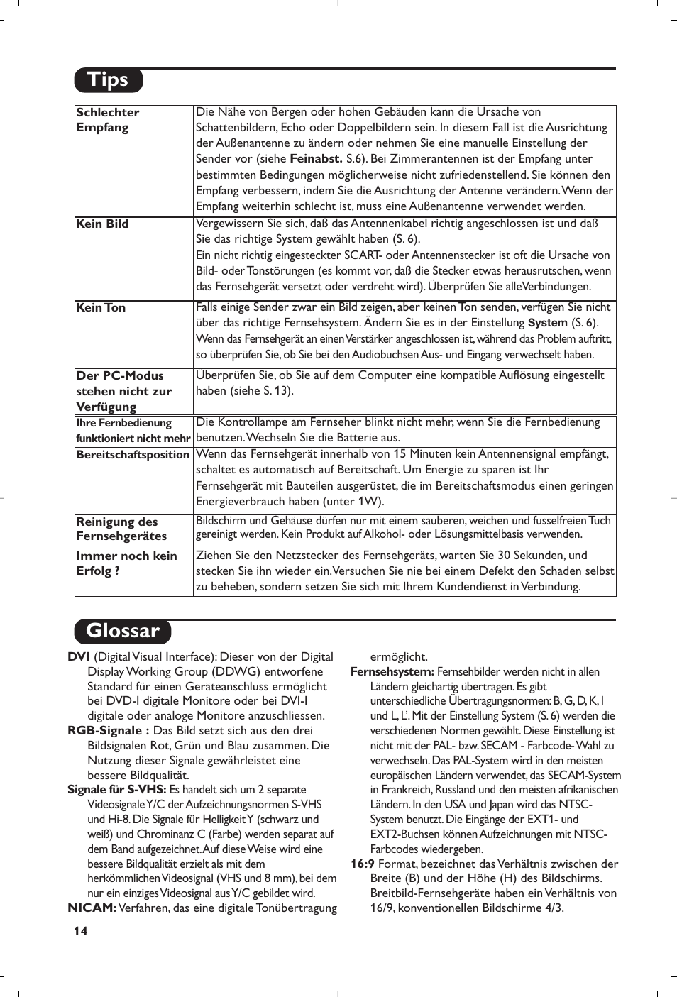 Glossar, Tips | Philips Téléviseur à écran large User Manual | Page 44 / 172