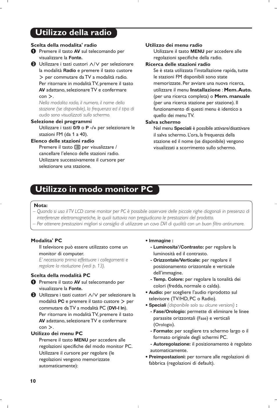 Utilizzo in modo monitor pc, Utilizzo della radio | Philips Téléviseur à écran large User Manual | Page 54 / 172