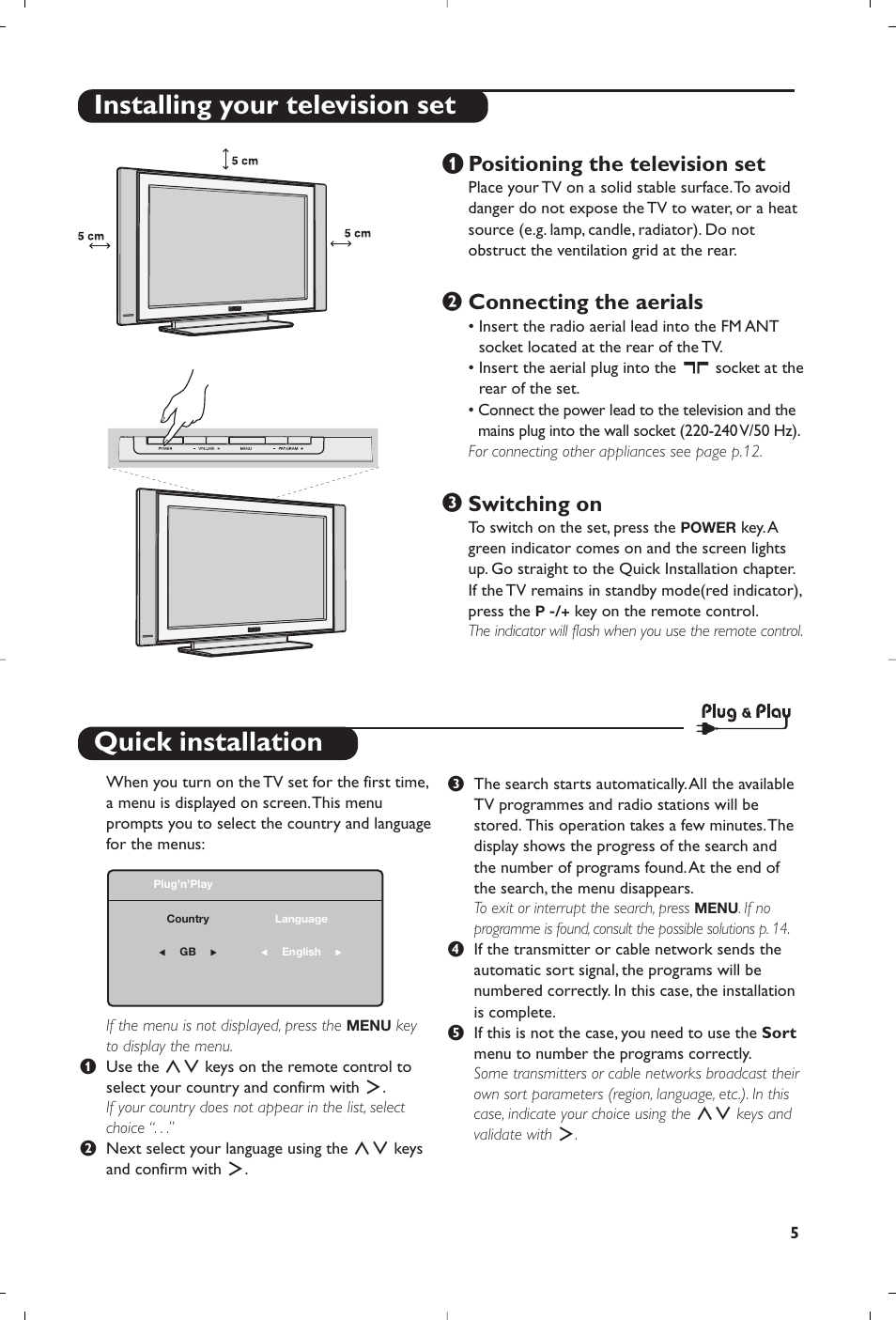 Quick installation, Installing your television set, Positioning the television set | Connecting the aerials, Switching on | Philips Téléviseur à écran large User Manual | Page 77 / 172