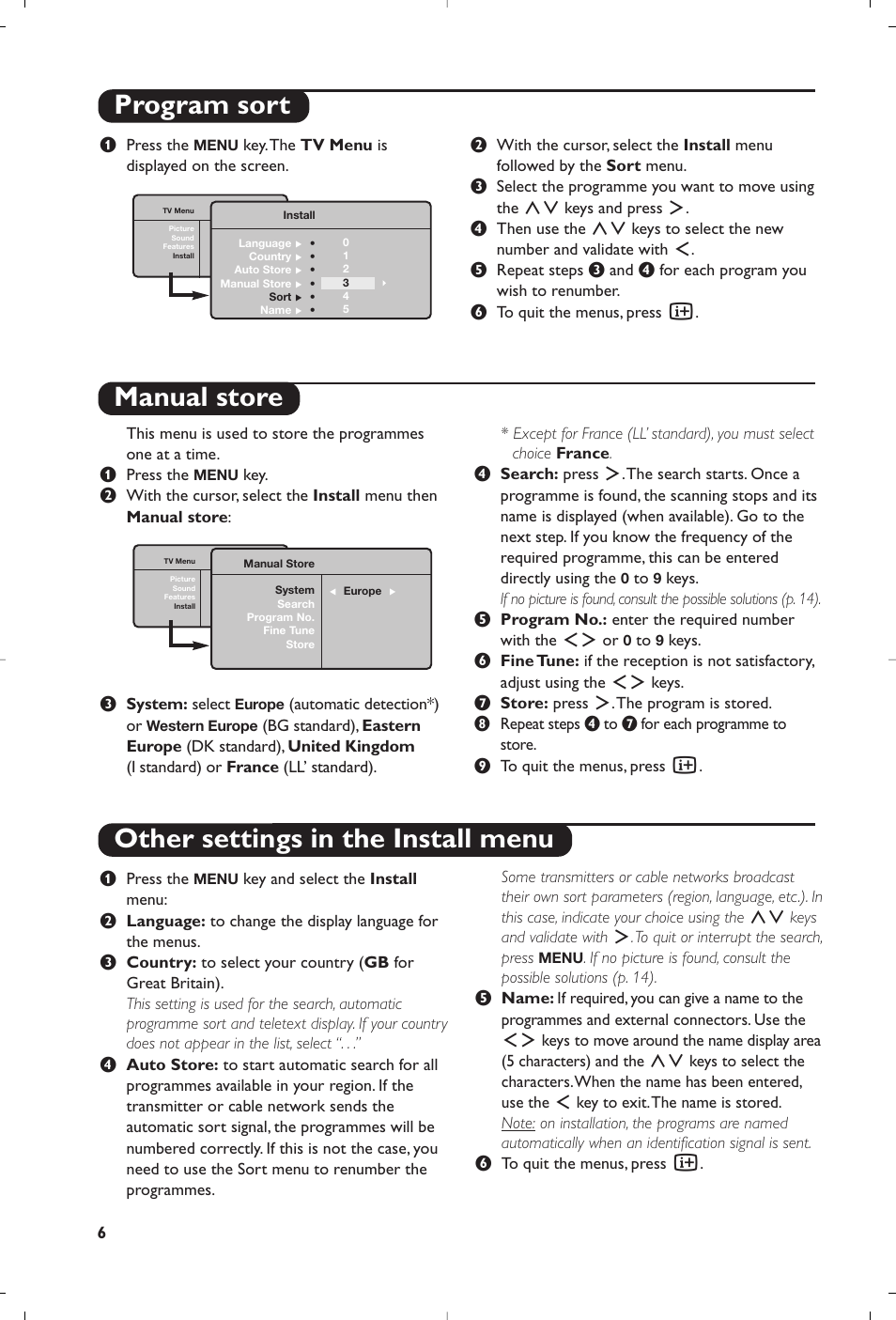 Manual store other settings in the install menu, Program sort | Philips Téléviseur à écran large User Manual | Page 78 / 172
