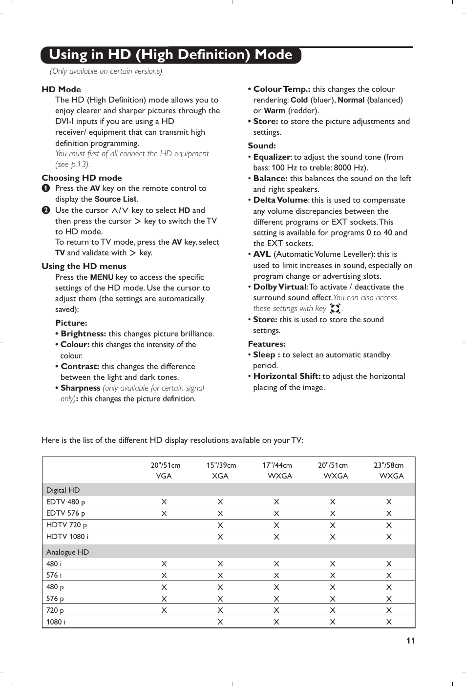 Using in hd (high definition) mode | Philips Téléviseur à écran large User Manual | Page 83 / 172